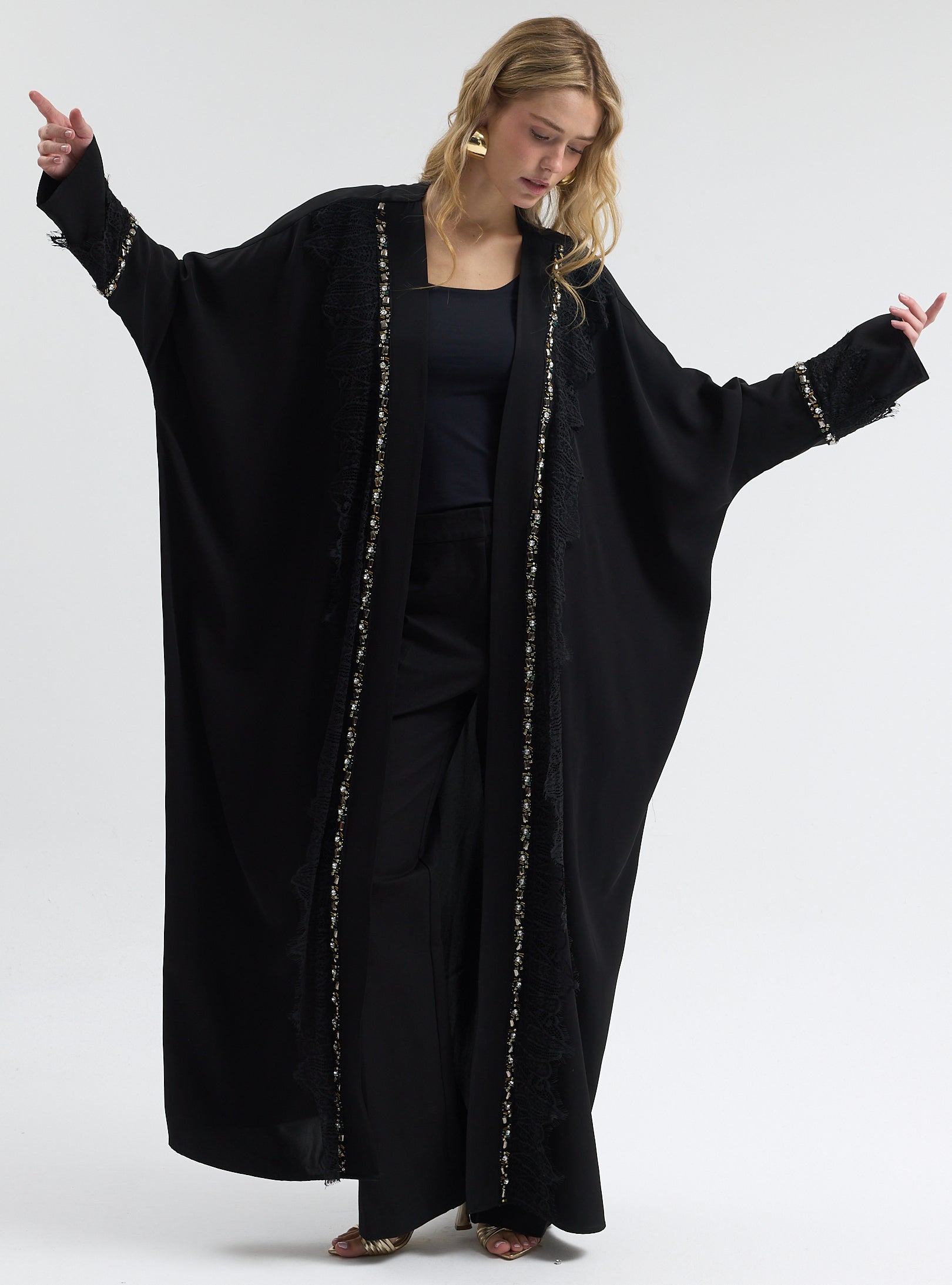 ⁠Midnight Crystal Embellished Trim Lace Detailed Abaya - Store WF