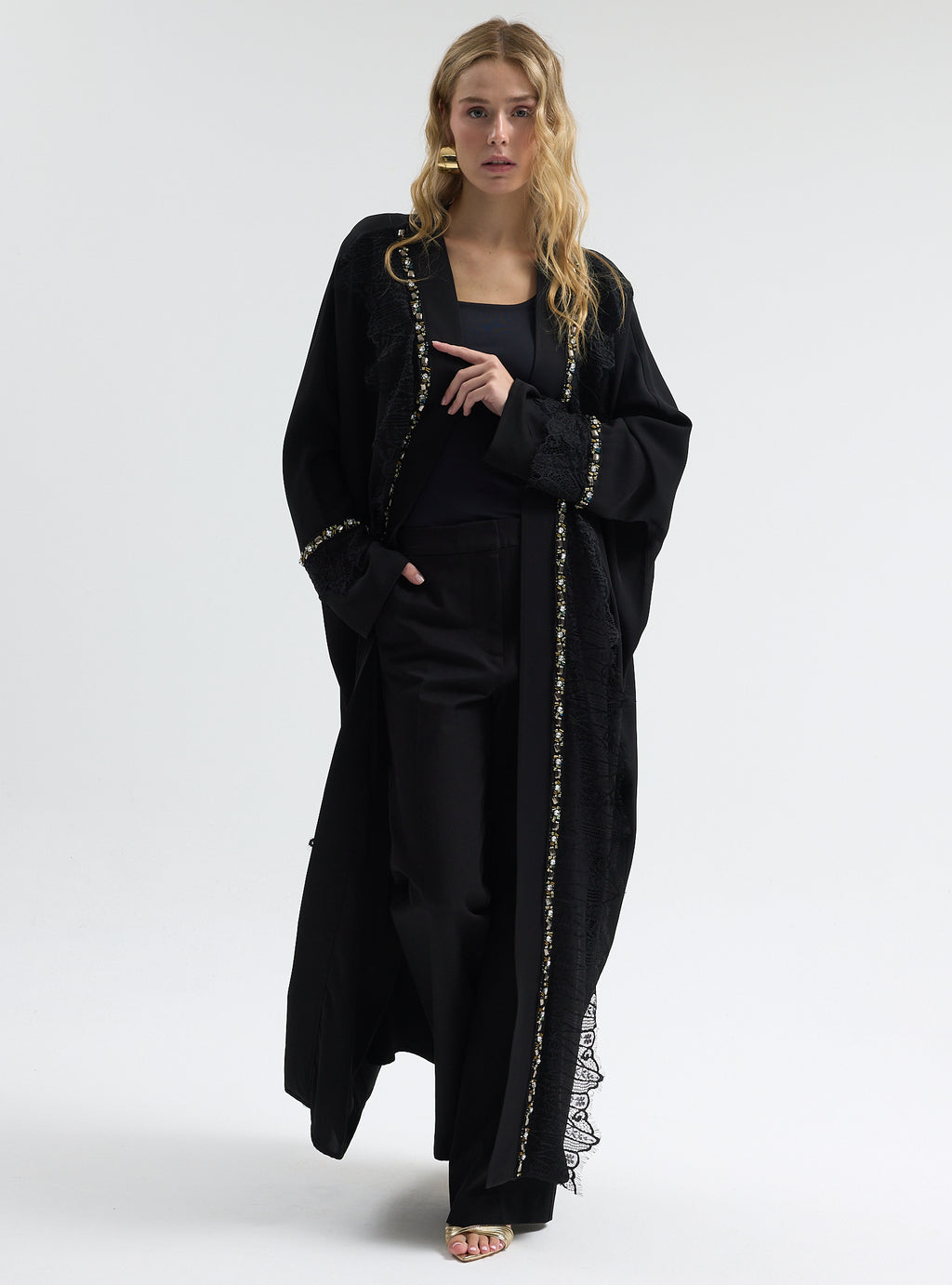 ⁠Midnight Crystal Embellished Trim Lace Detailed Abaya - Store WF