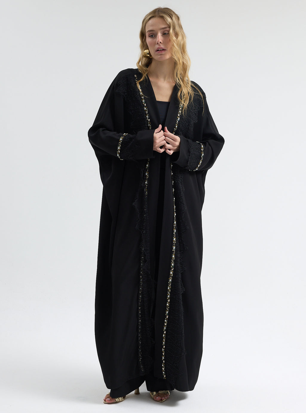 ⁠Midnight Crystal Embellished Trim Lace Detailed Abaya - Store WF