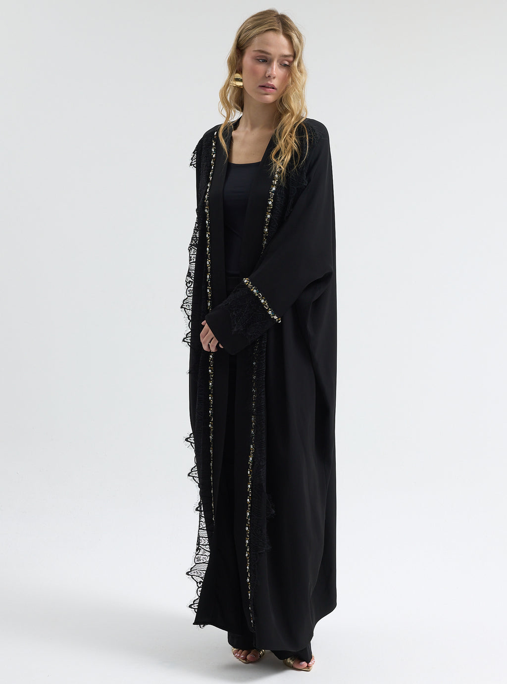⁠Midnight Crystal Embellished Trim Lace Detailed Abaya - Store WF