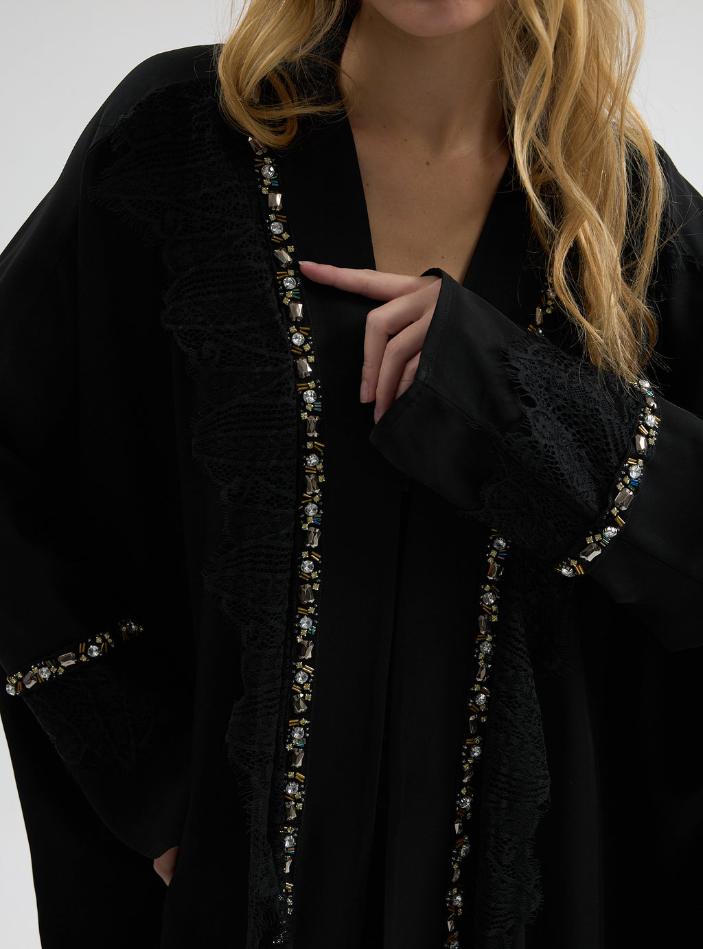 ⁠Midnight Crystal Embellished Trim Lace Detailed Abaya - Store WF
