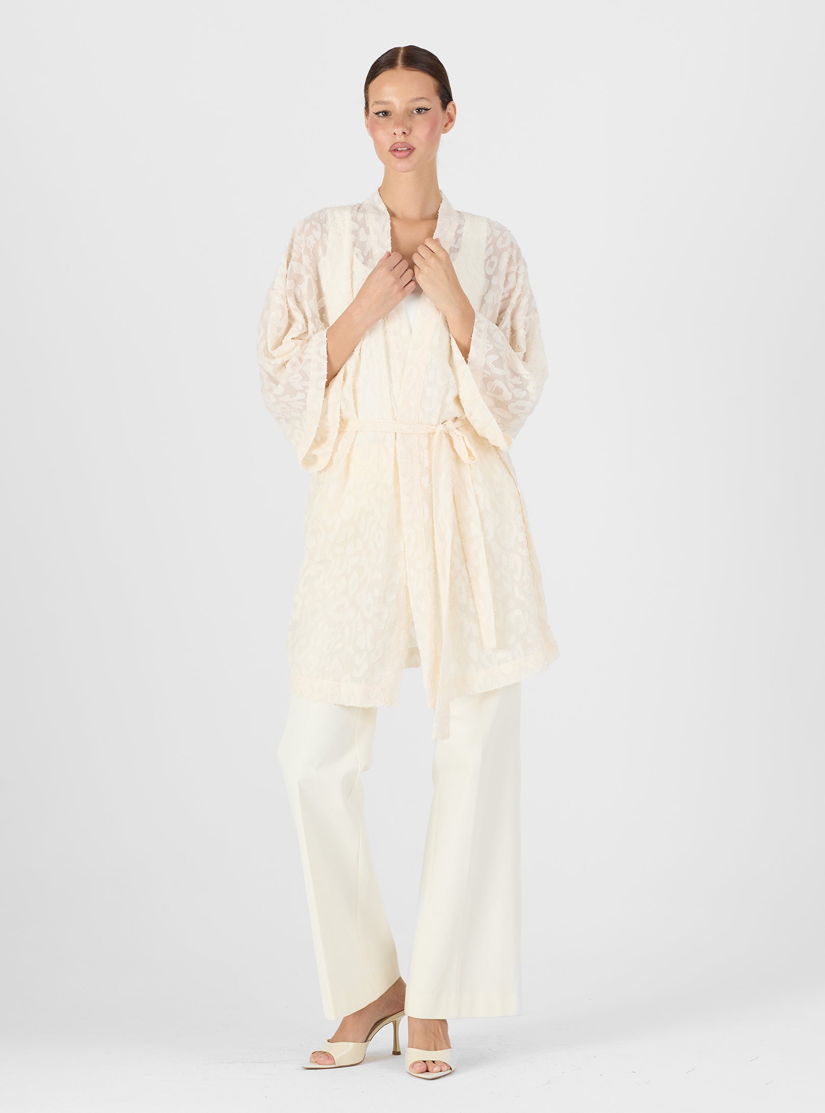 Lace White Kimono Jumpsuit Soft Salmon Sheer Floral Lace Kimono