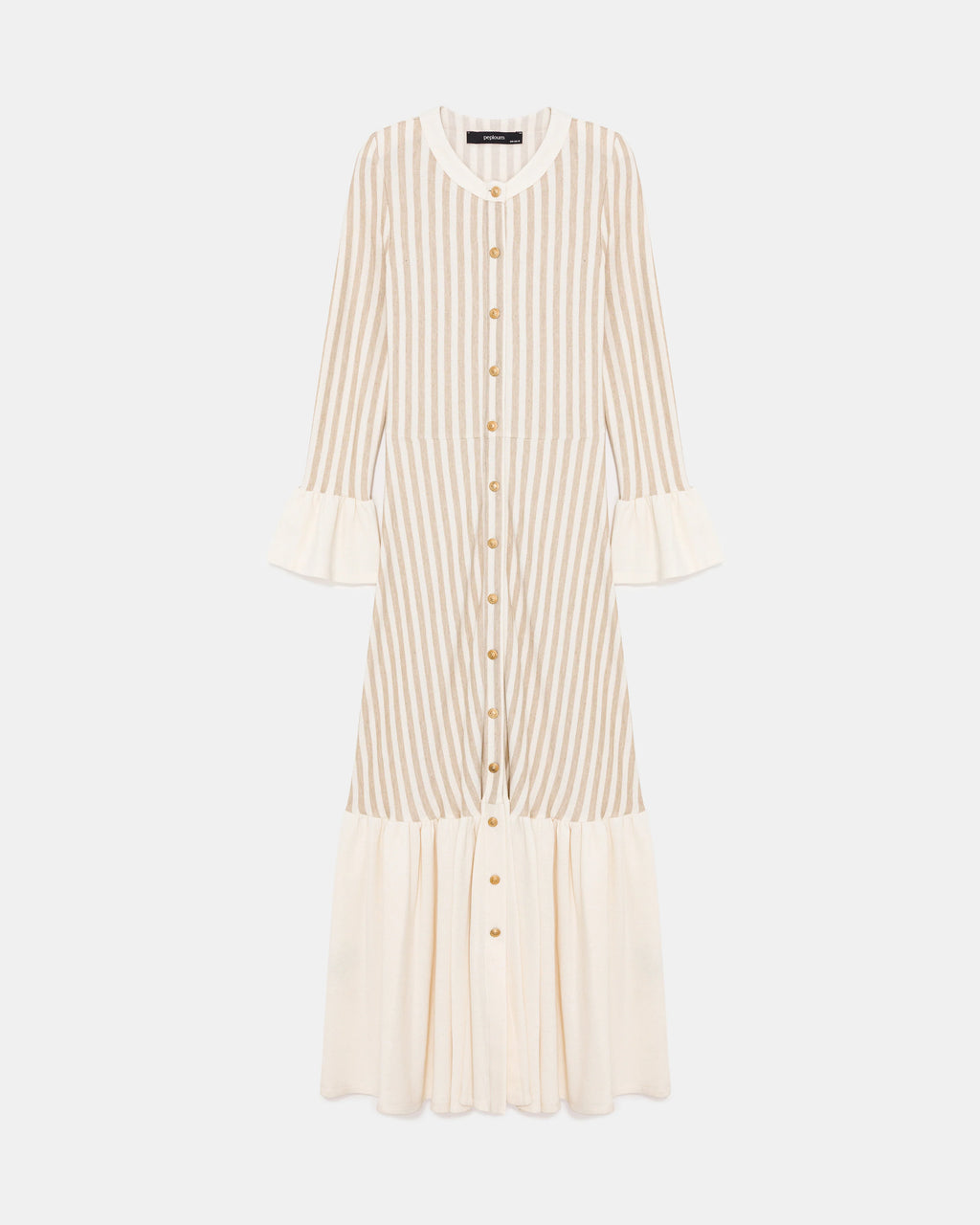 Gold Button Knit Dress with Cotton Ruffle Hem