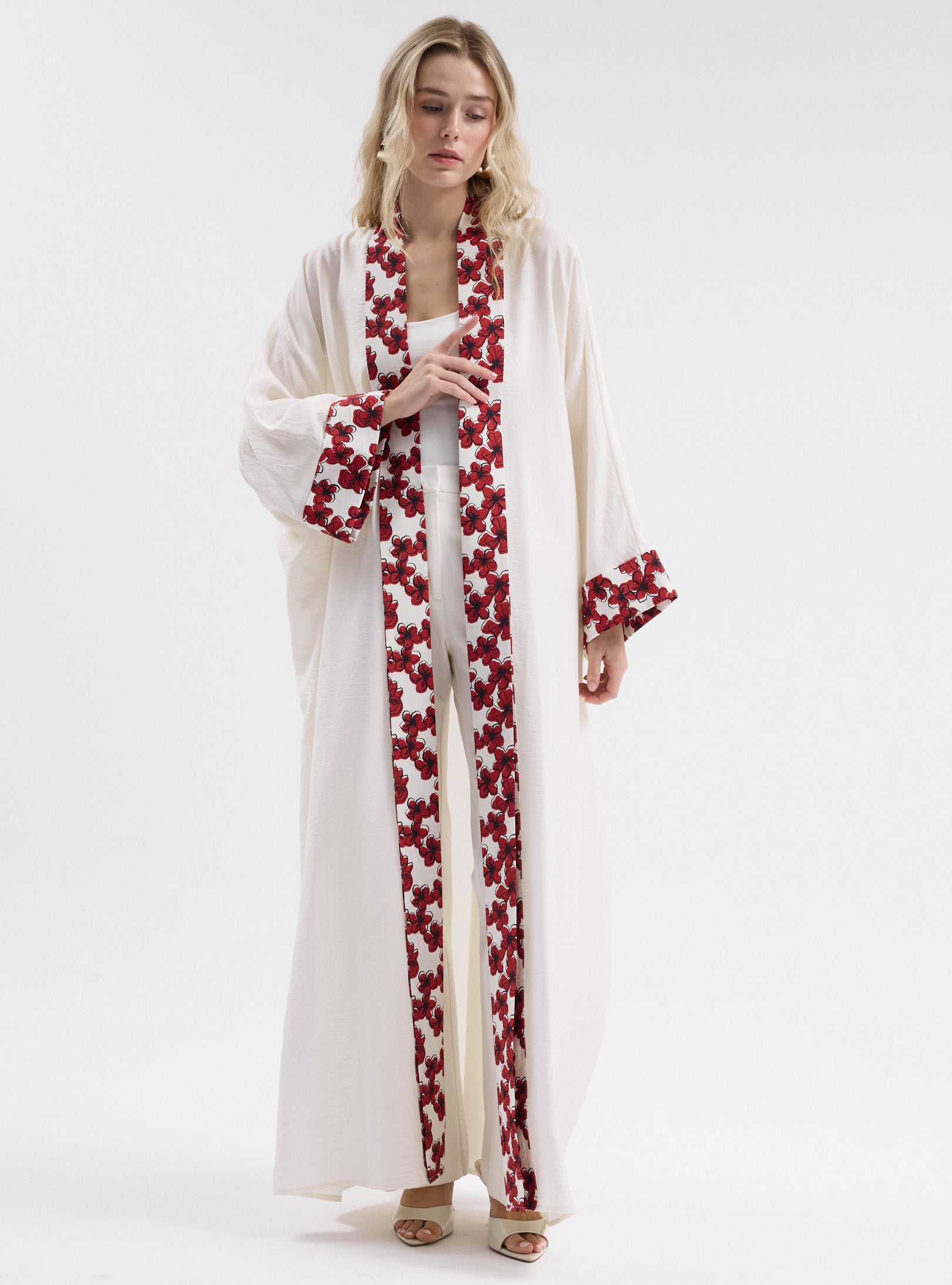 Floral Panel Print White Abaya - Store WF