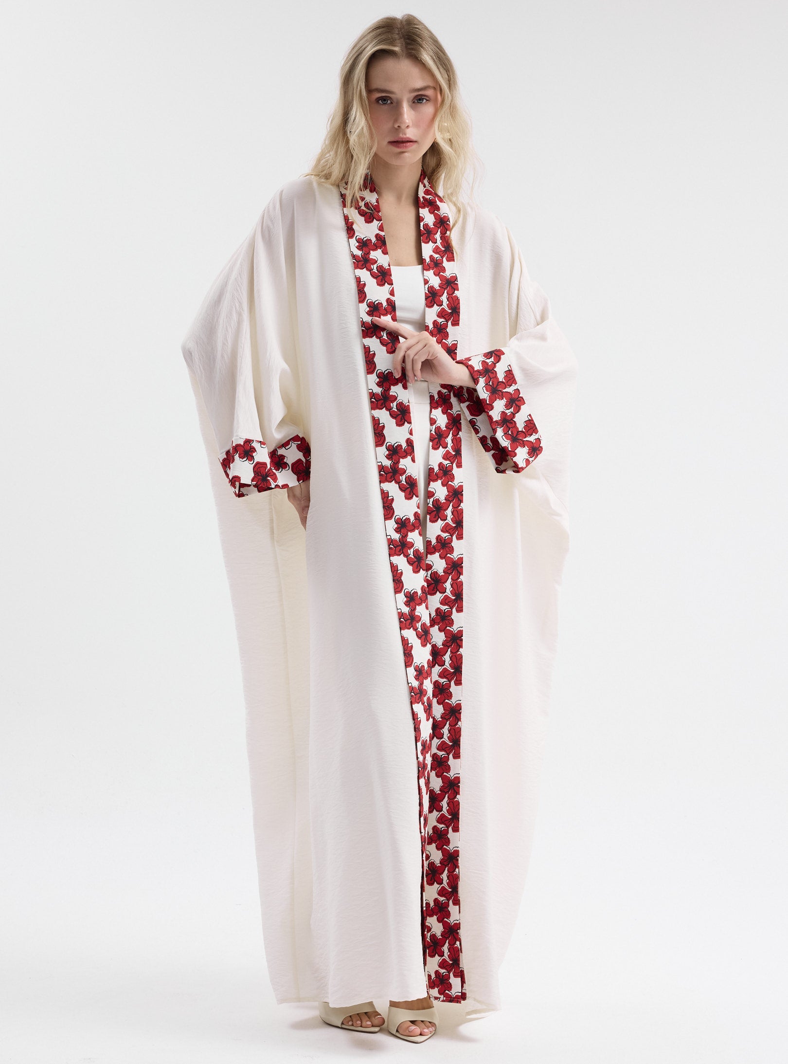 Floral Panel Print White Abaya - Store WF