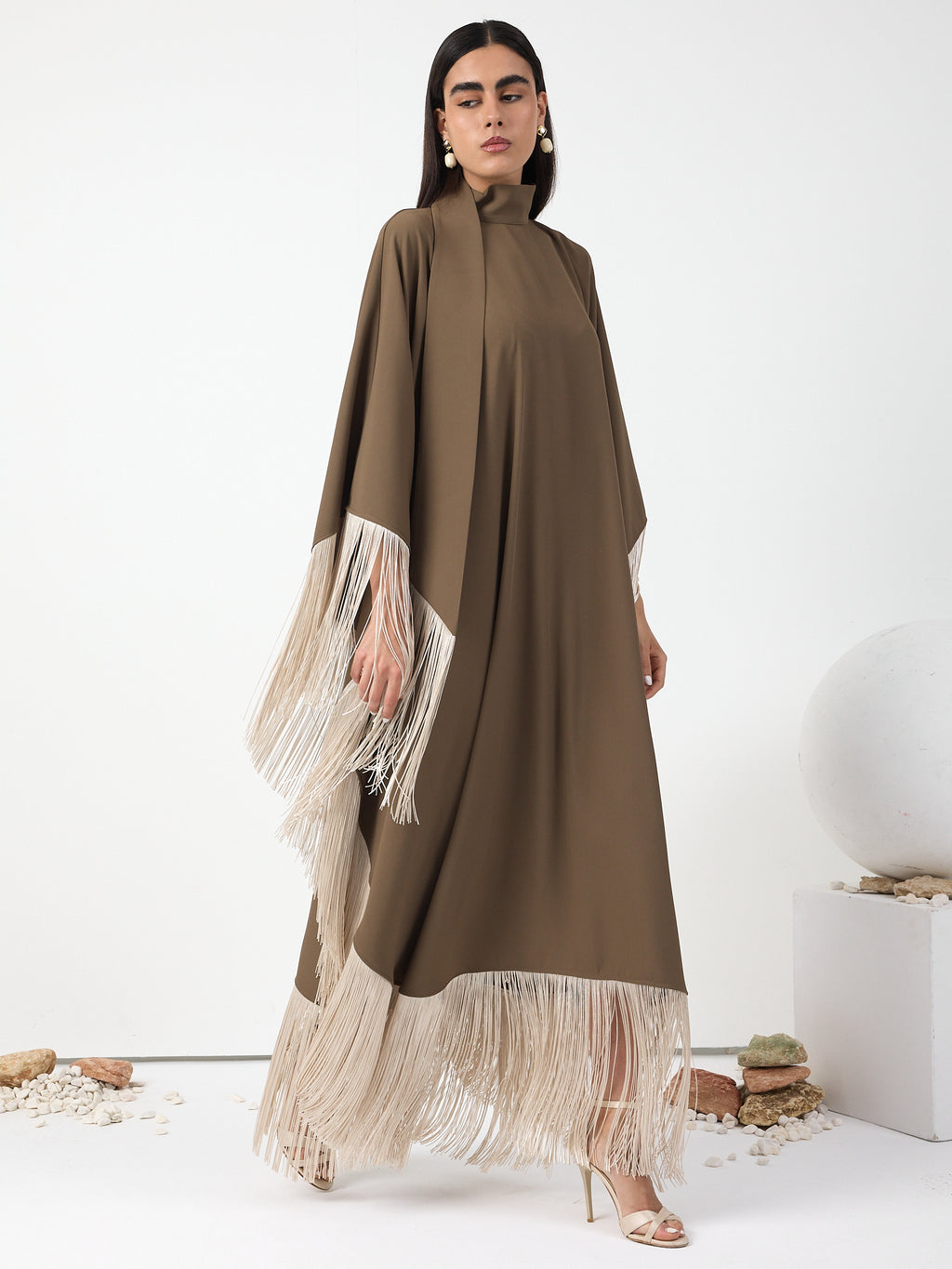 Brown Fringed Kaftan Dress With Tie Neck Detailed