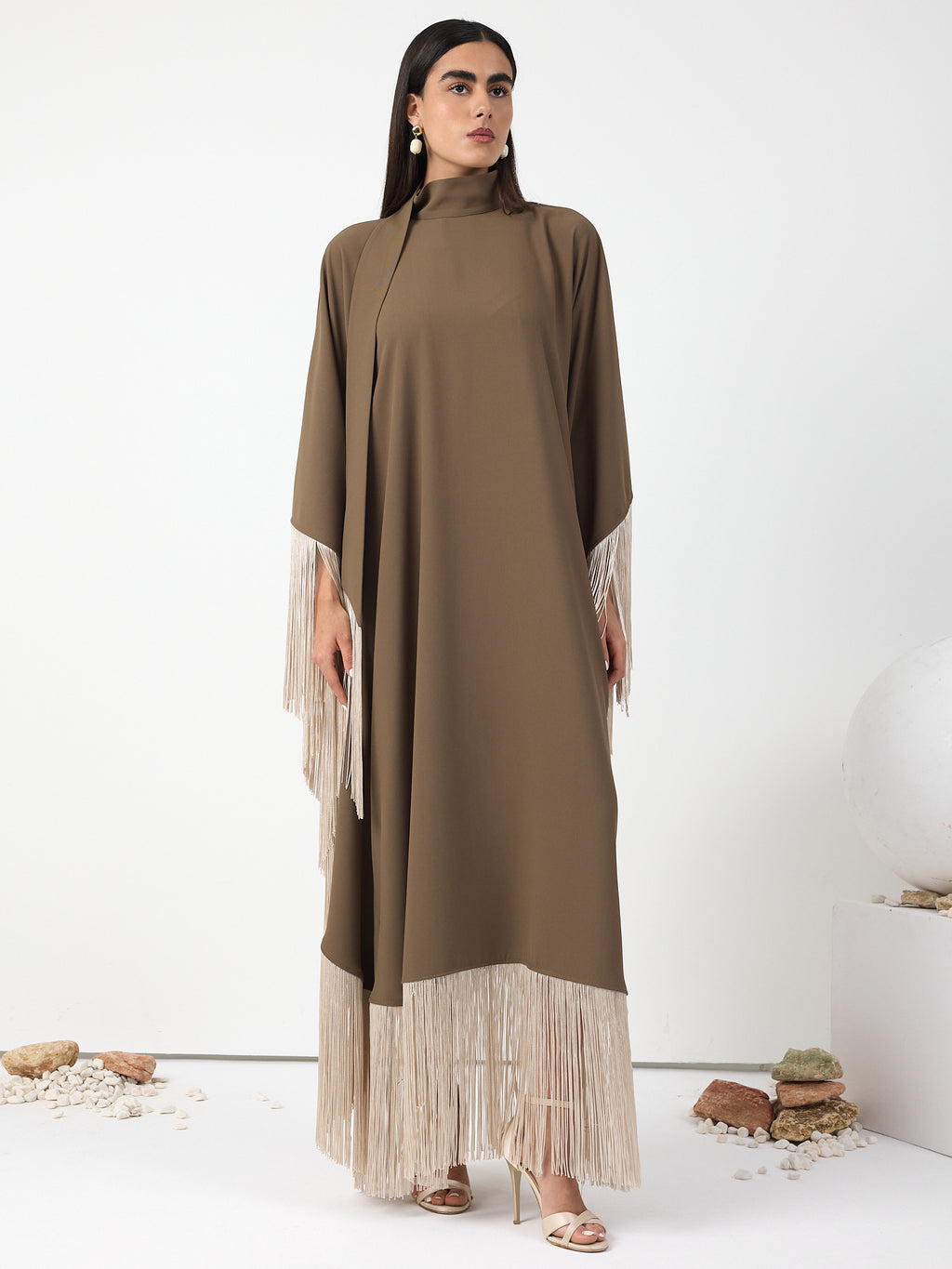 Brown Fringed Kaftan Dress With Tie Neck Detailed