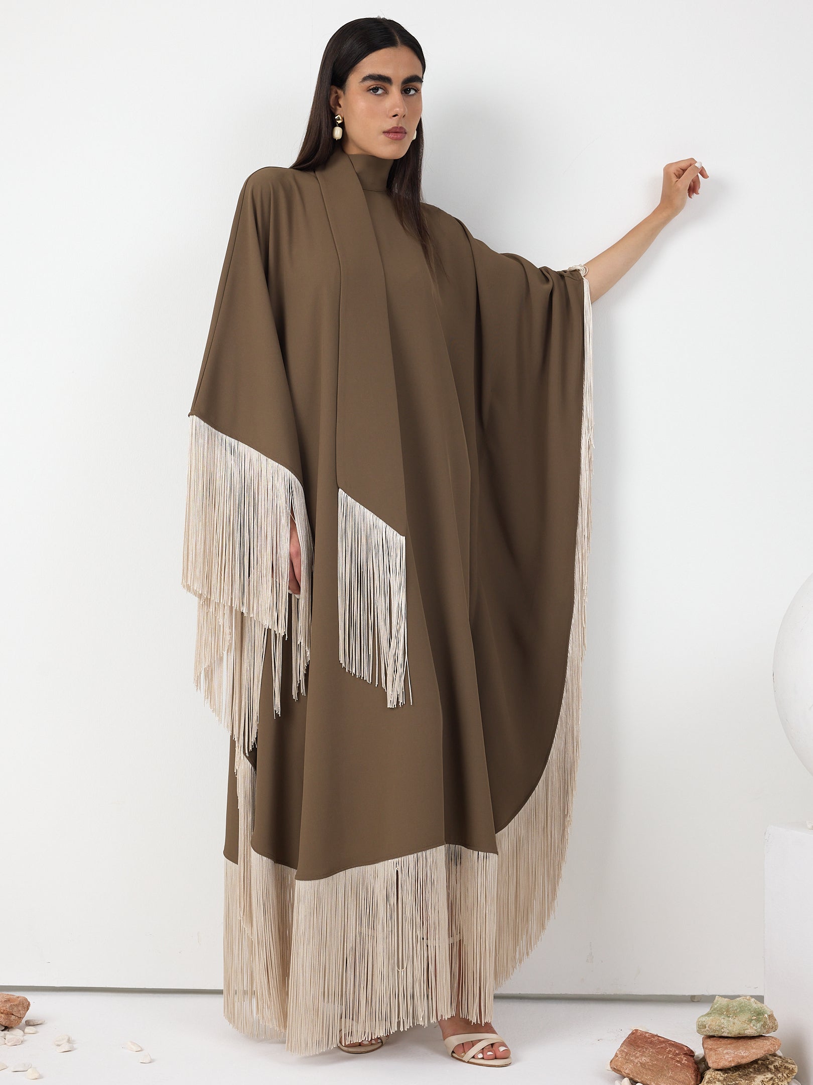 Brown Fringed Kaftan Dress | Tie Neck