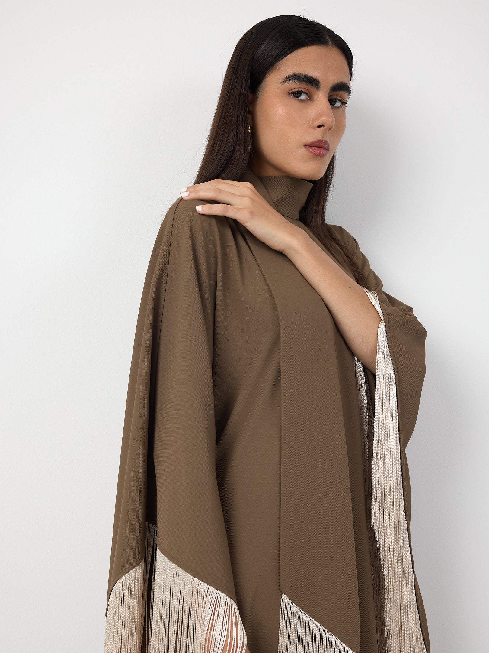 Brown Fringed Kaftan Dress With Tie Neck Detailed