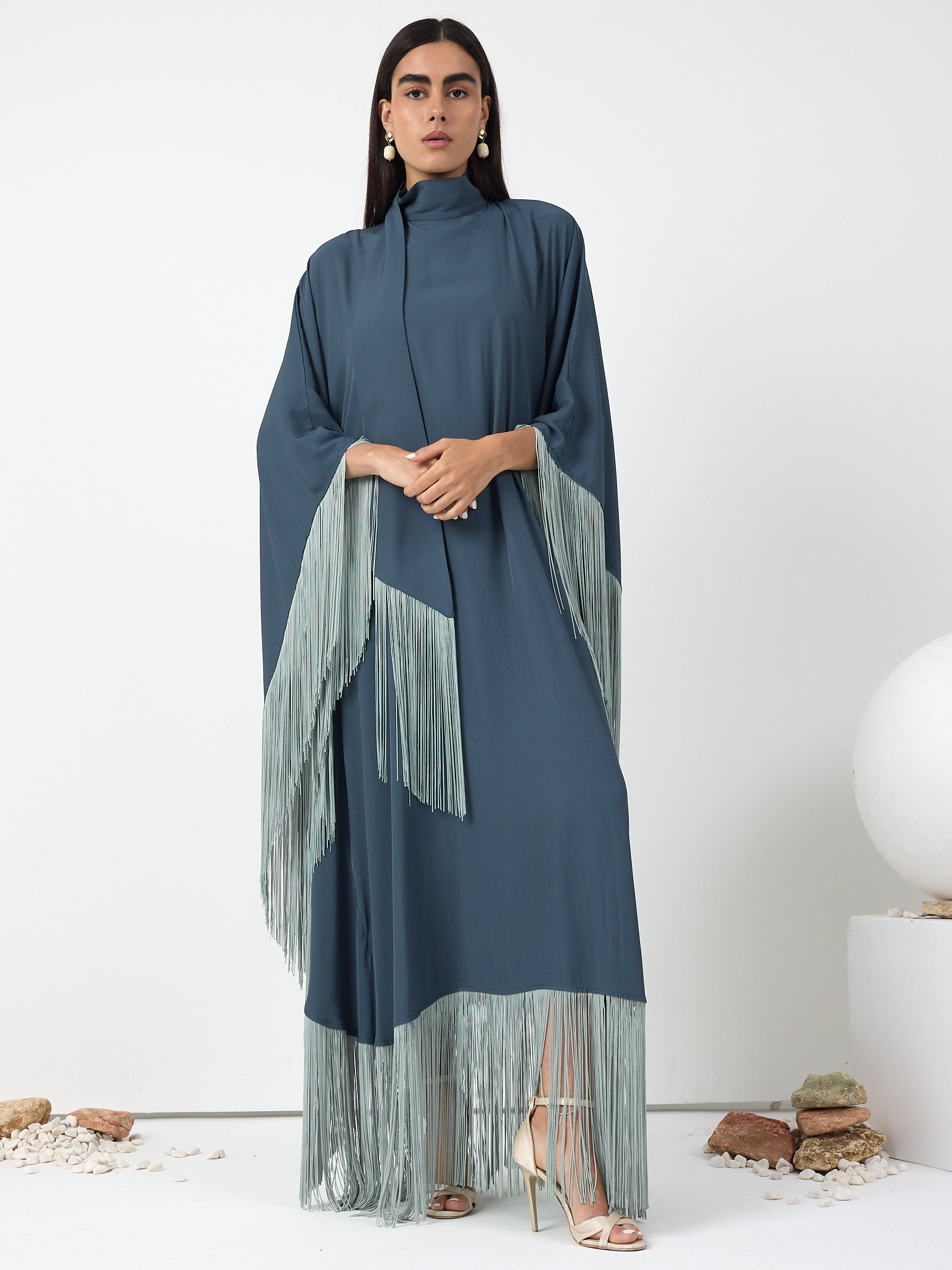 Mint Fringed Kaftan Dress With Tie Neck Detailed