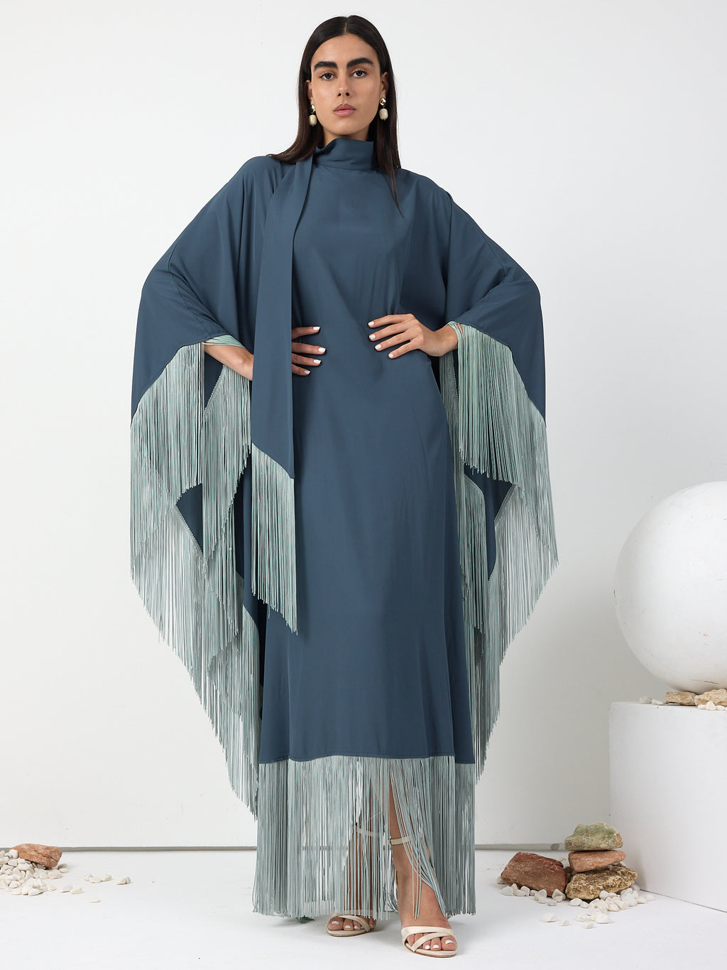 Mint Fringed Kaftan Dress With Tie Neck Detailed