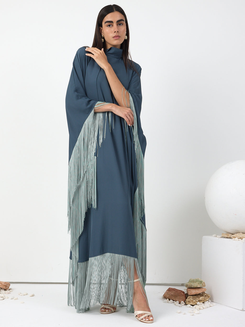 Mint Fringed Kaftan Dress With Tie Neck Detailed