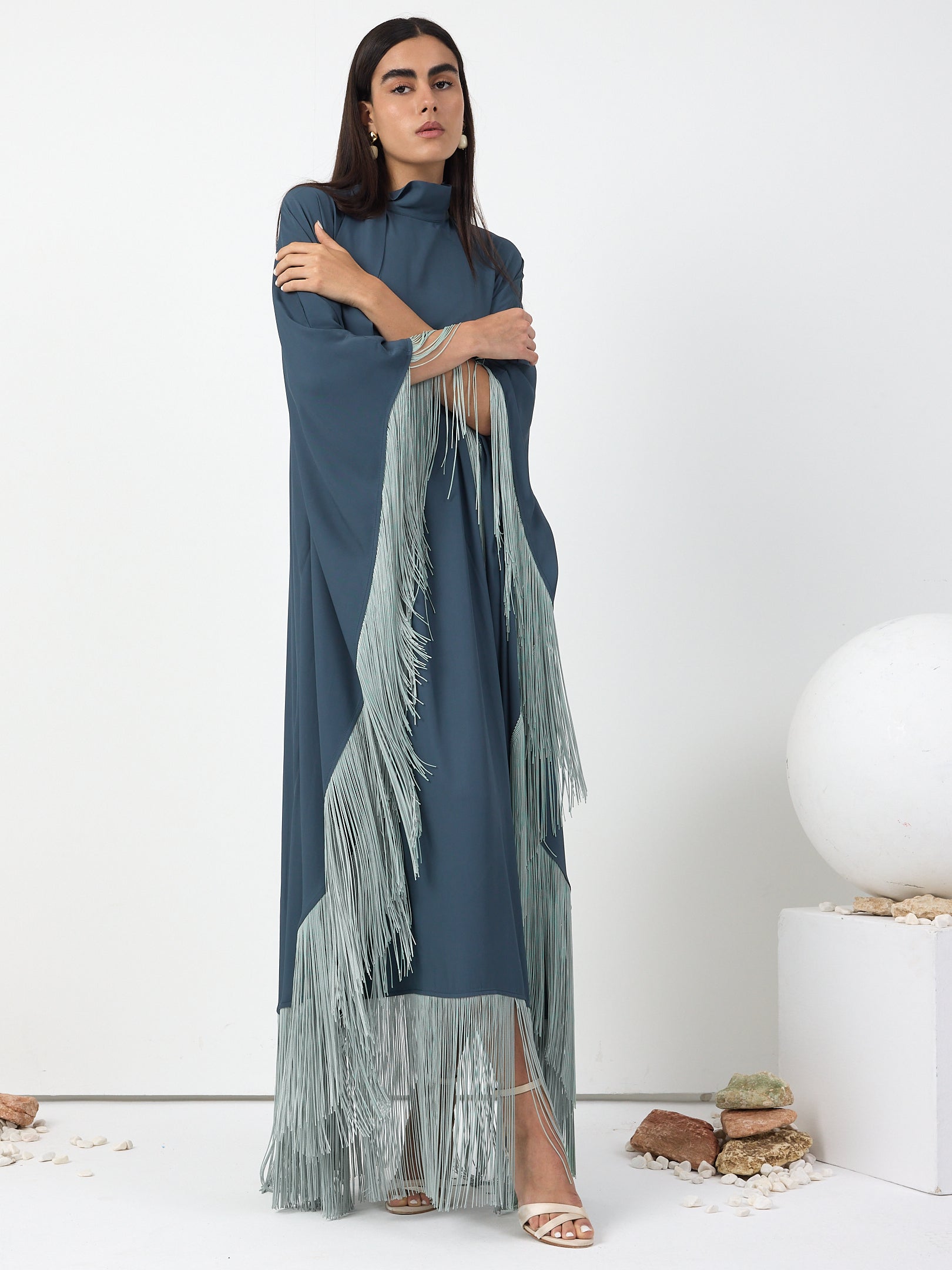 Mint Fringed Kaftan Dress With Tie Neck Detailed