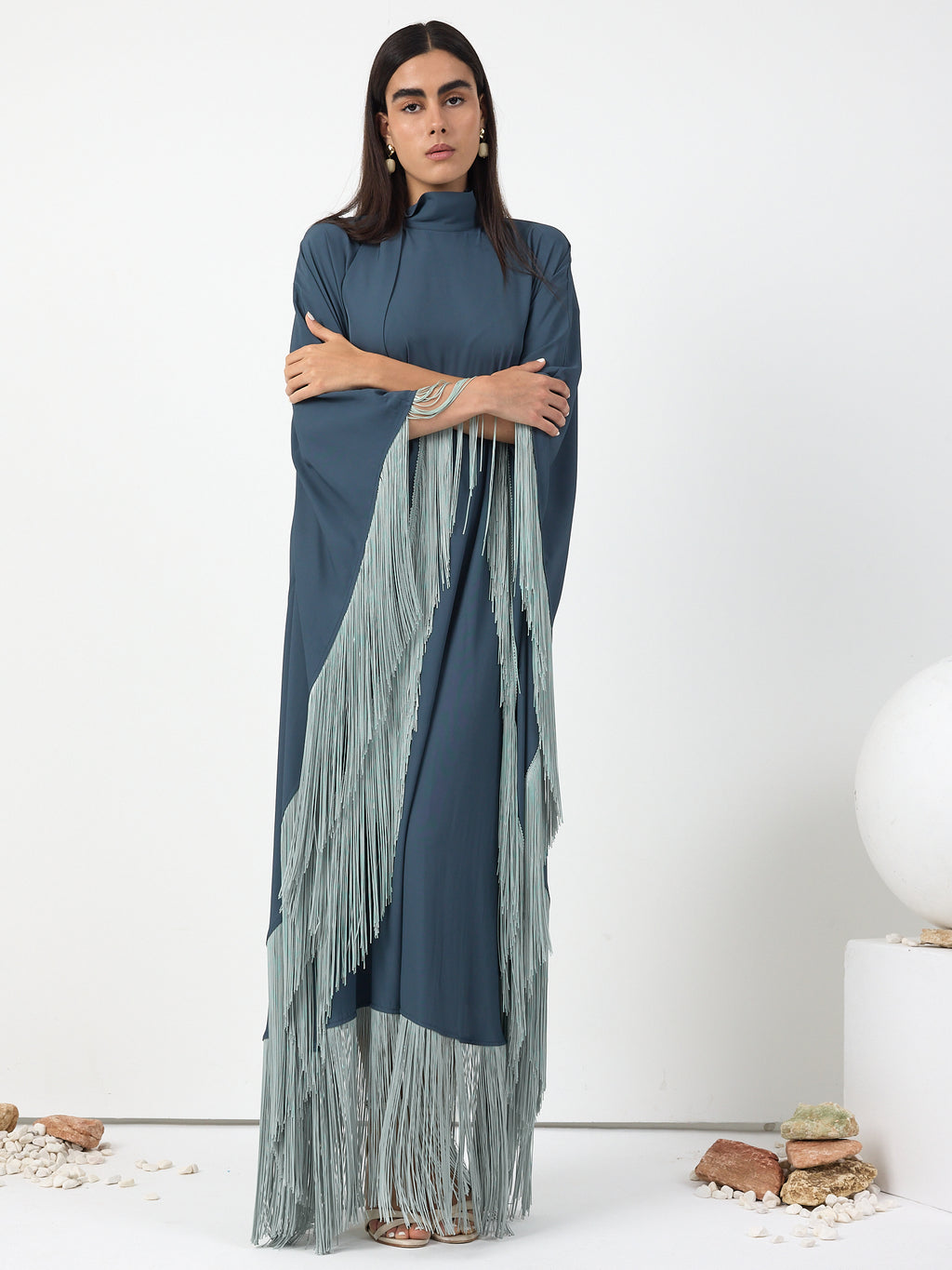 Mint Fringed Kaftan Dress With Tie Neck Detailed