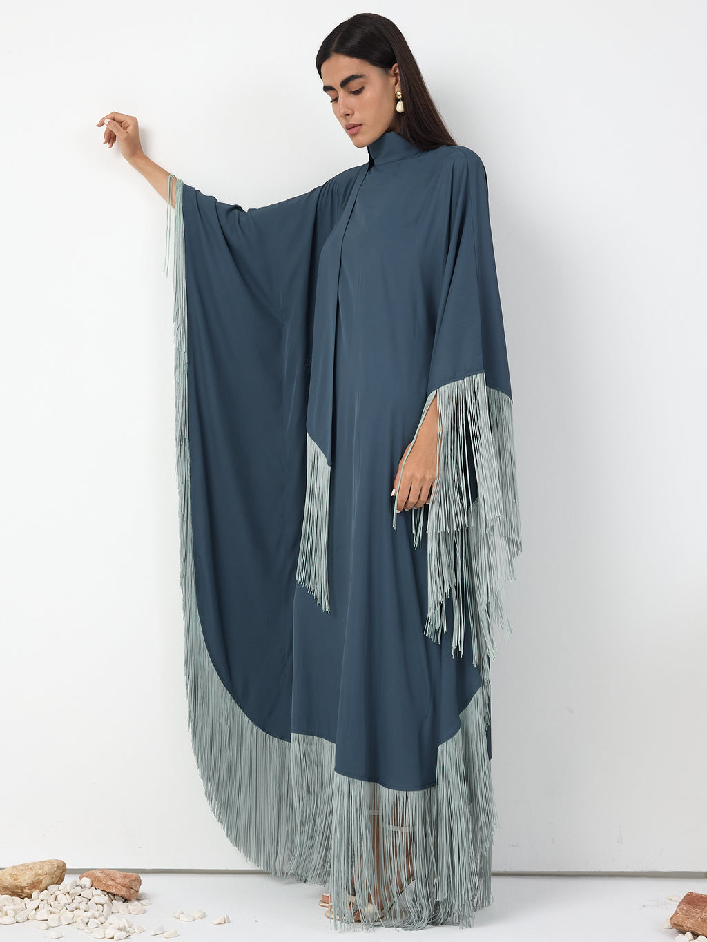 Mint Fringed Kaftan Dress With Tie Neck Detailed