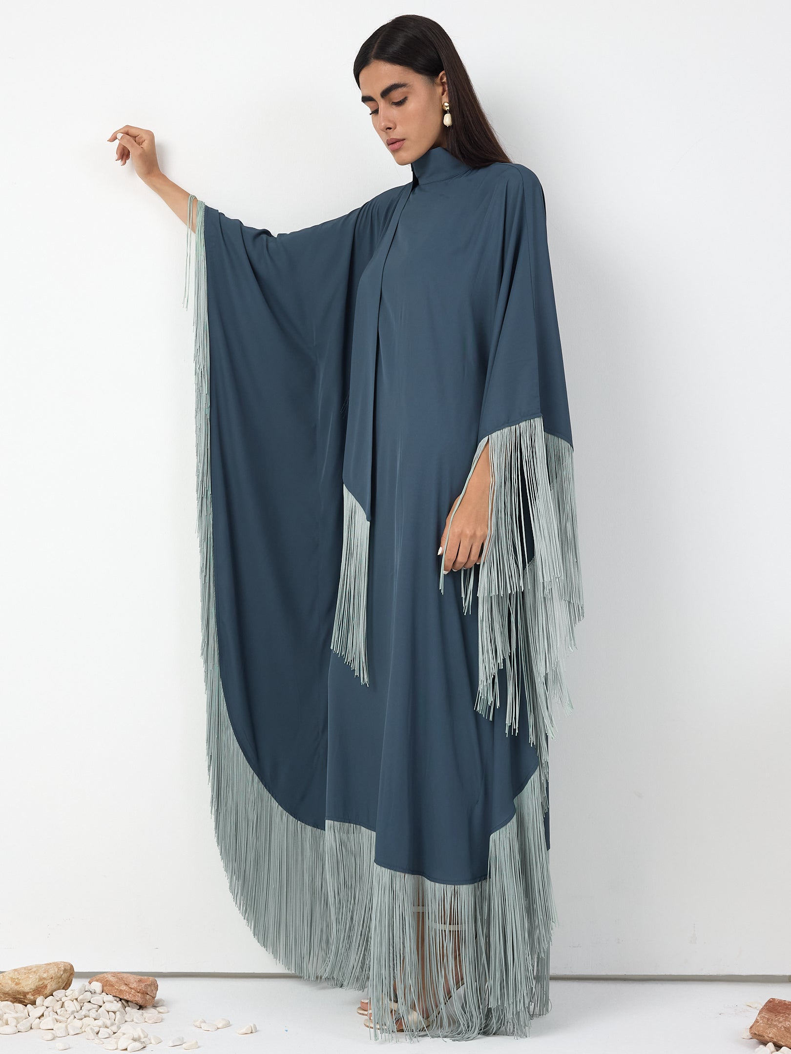 Mint Fringed Kaftan Dress With Tie Neck Detailed