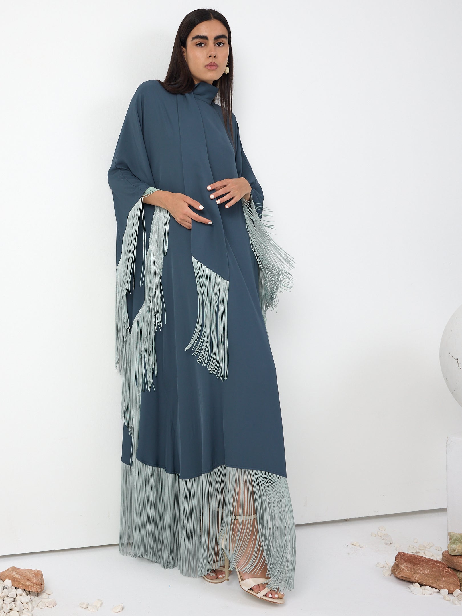 Mint Fringed Kaftan Dress With Tie Neck Detailed - Store WF