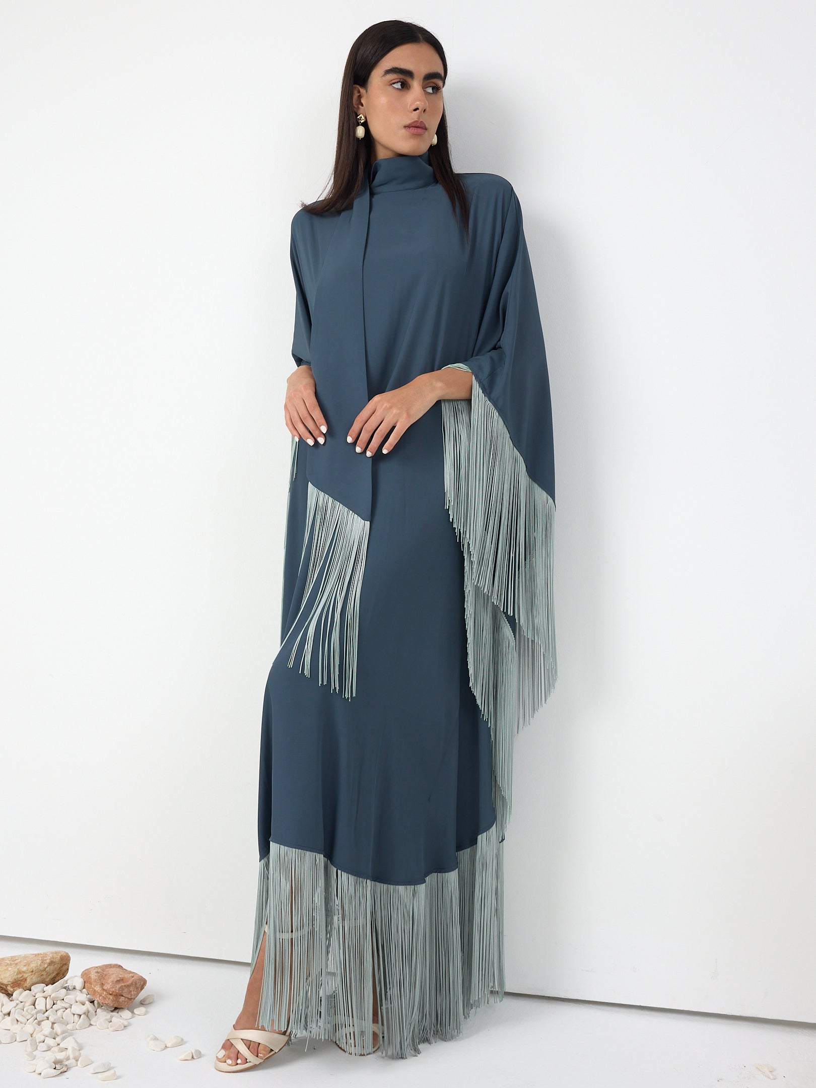 Mint Fringed Kaftan Dress With Tie Neck Detailed - Store WF