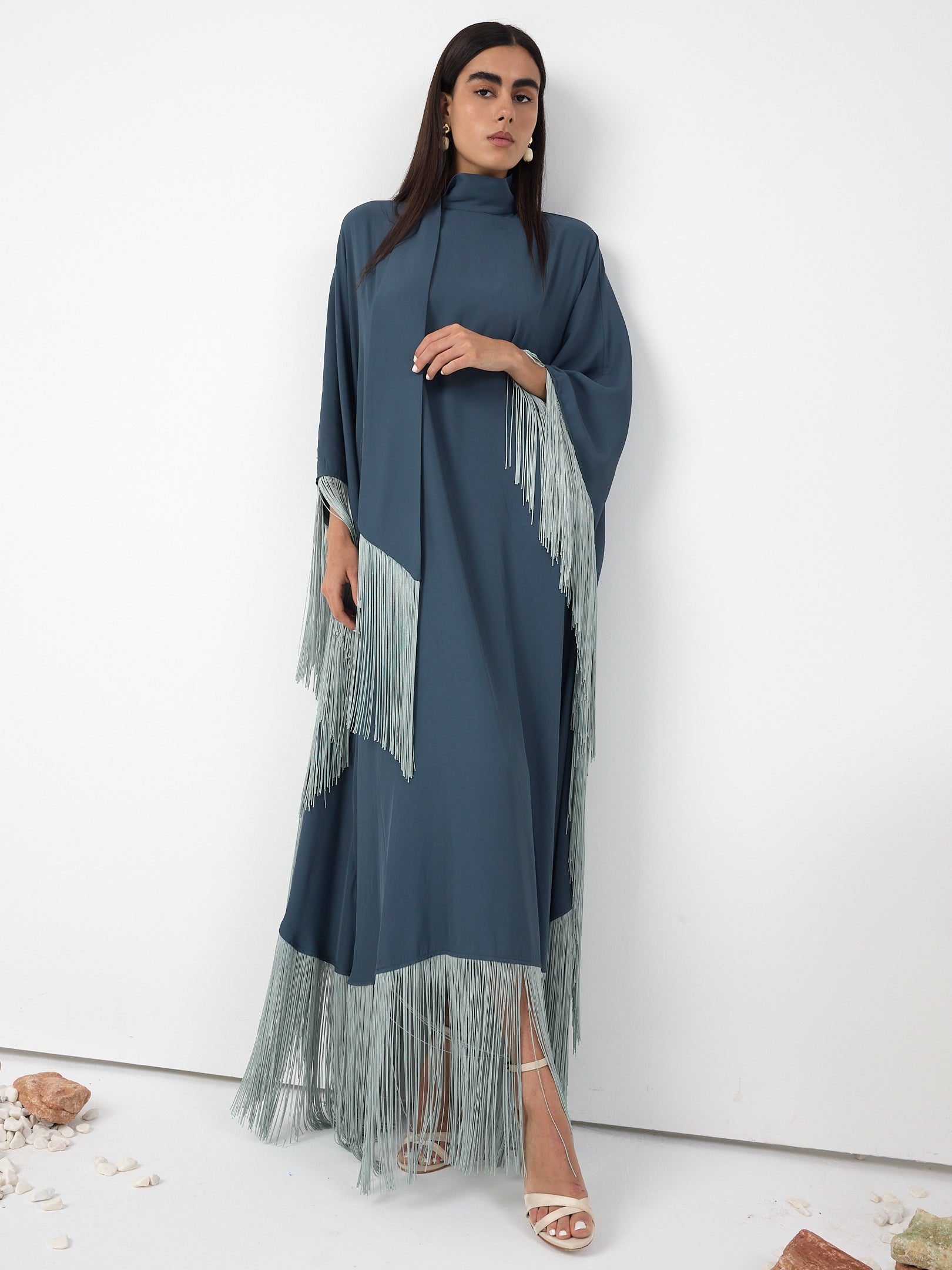 Mint Fringed Kaftan Dress With Tie Neck Detailed - Store WF