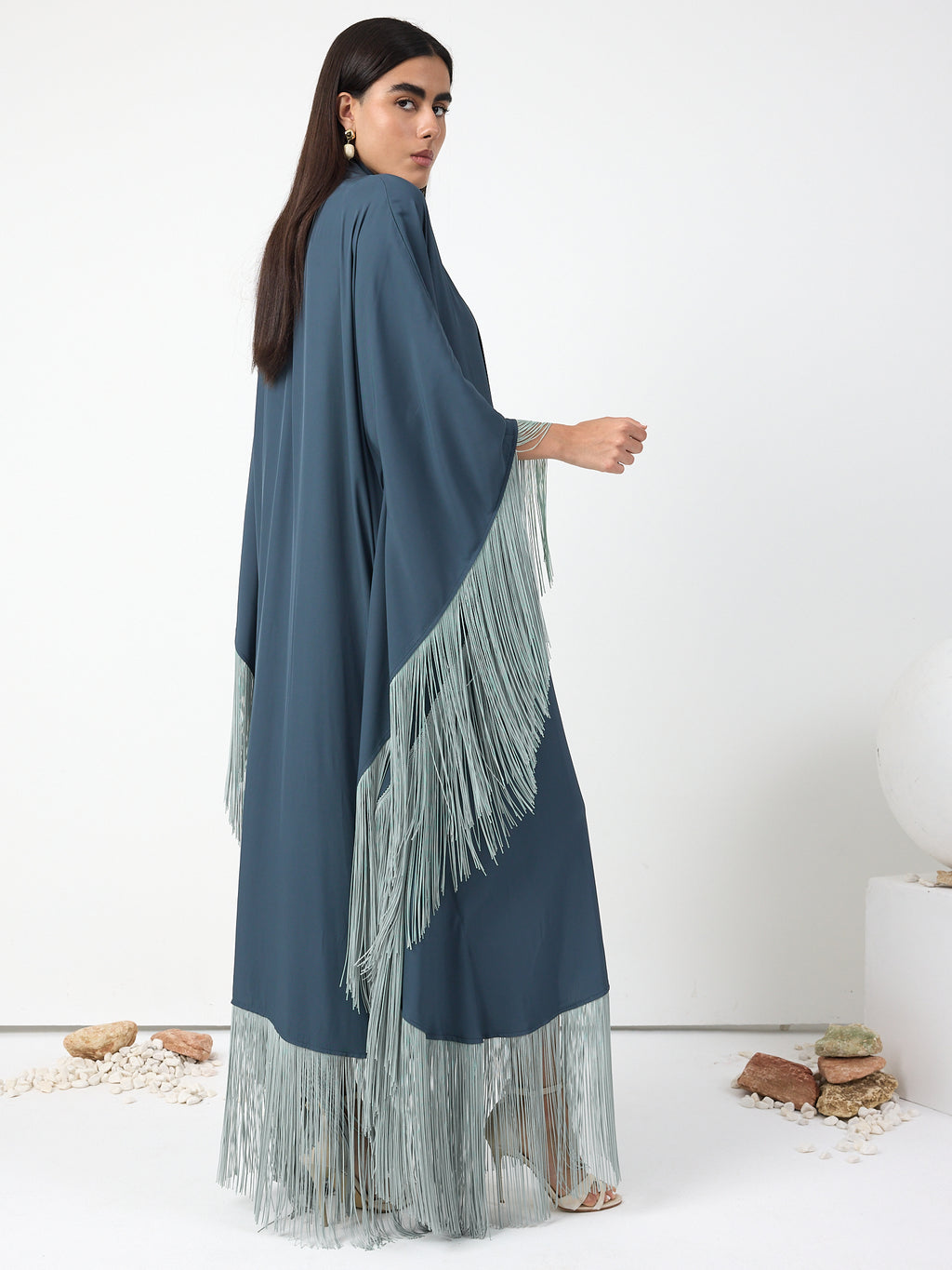 Mint Fringed Kaftan Dress With Tie Neck Detailed