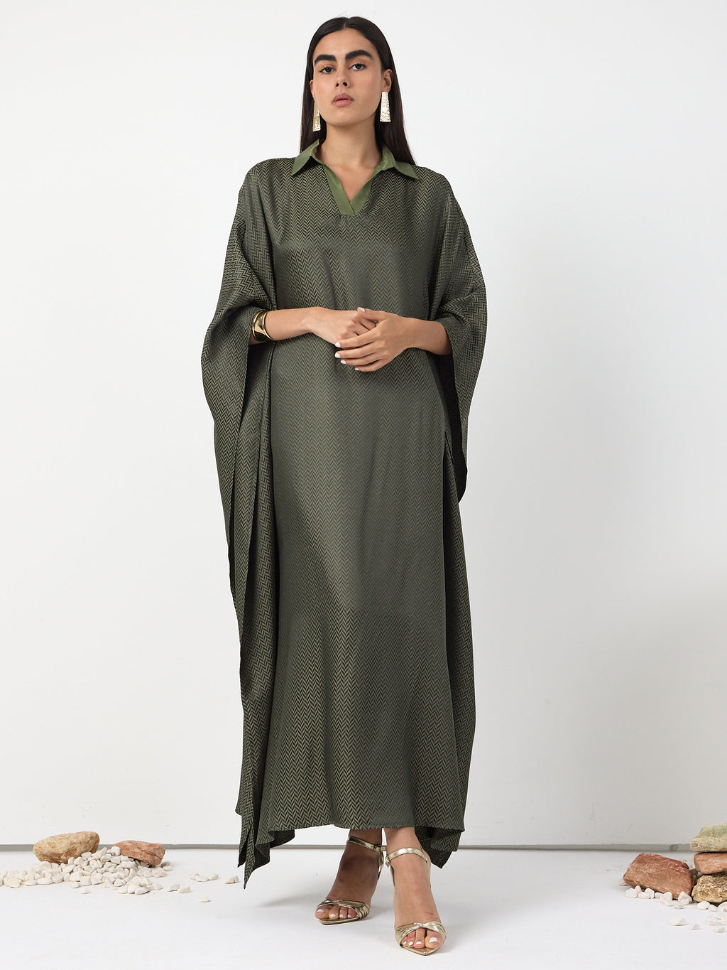 Green Shirt Collar Kaftan Dress