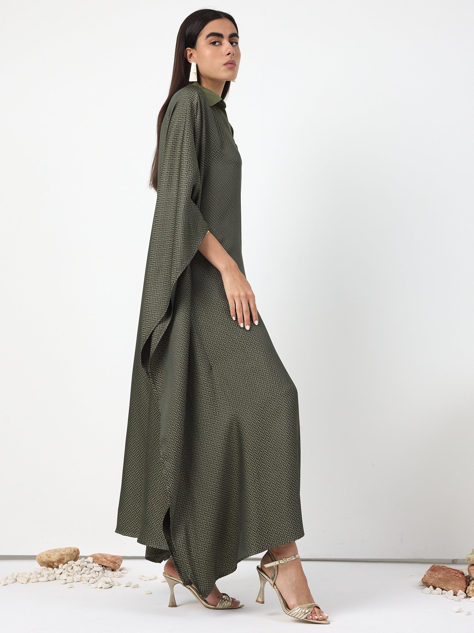Green Shirt Collar Kaftan Dress