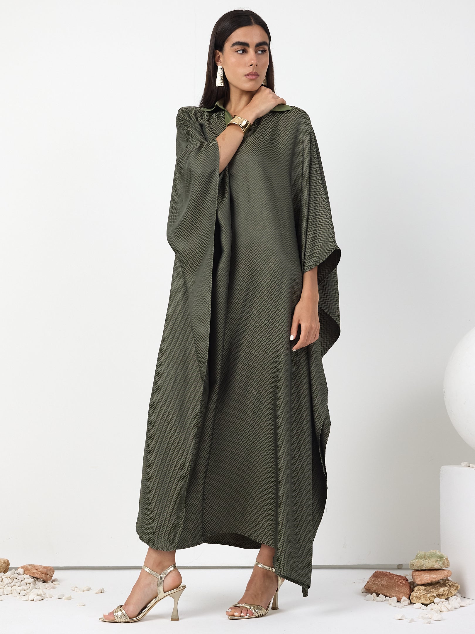 Green Shirt Collar Kaftan Dress