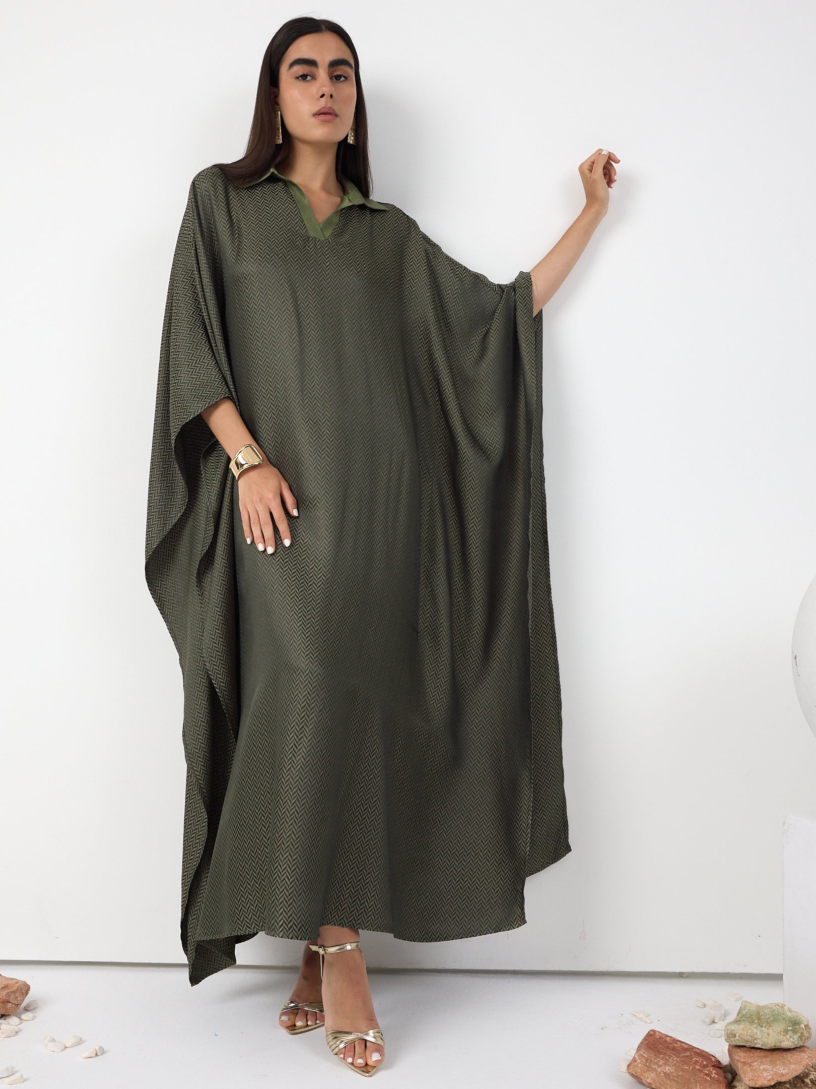 Green Shirt Collar Kaftan Dress