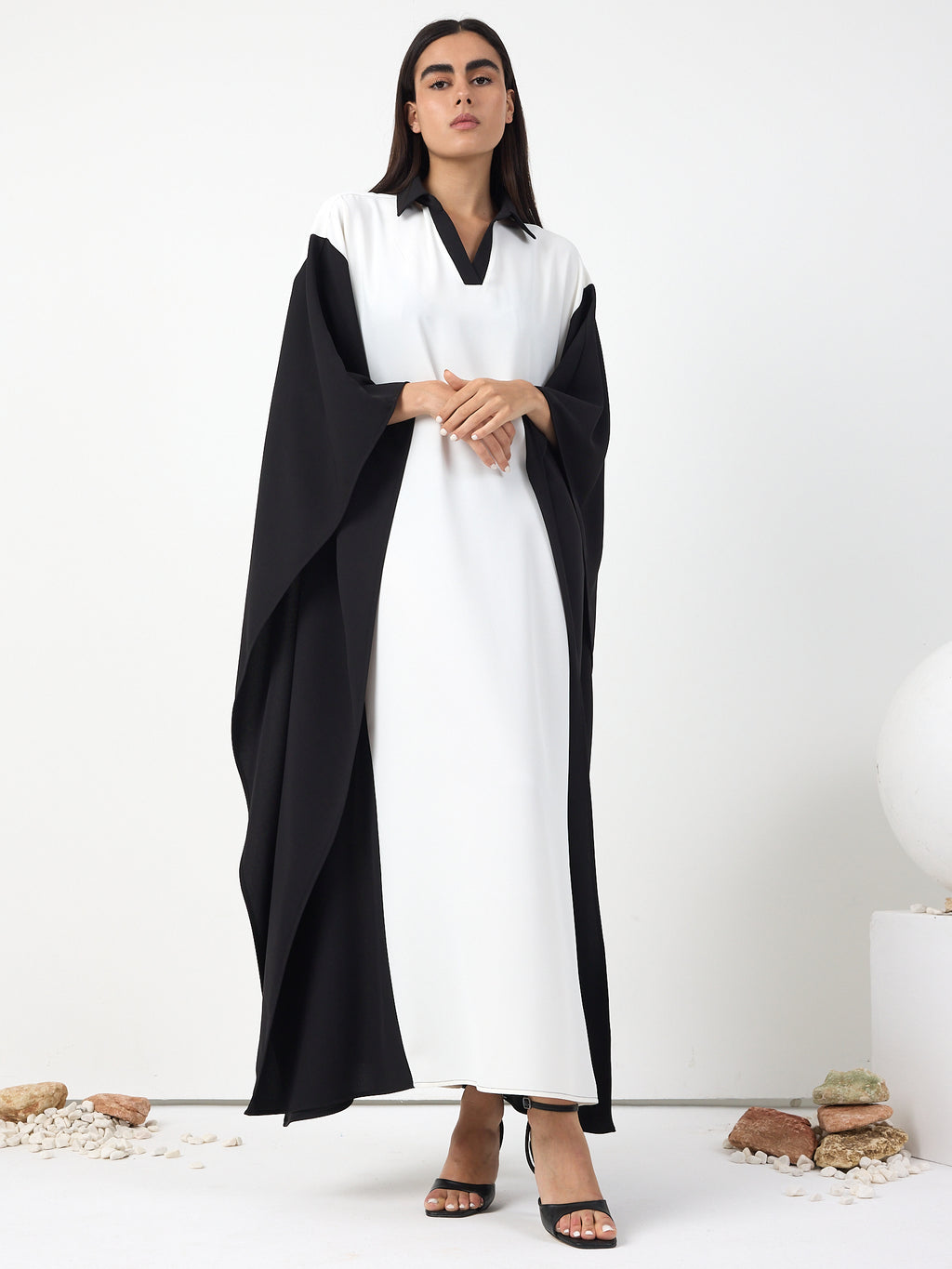 Monochrome Elegance Panel Kaftan Dress