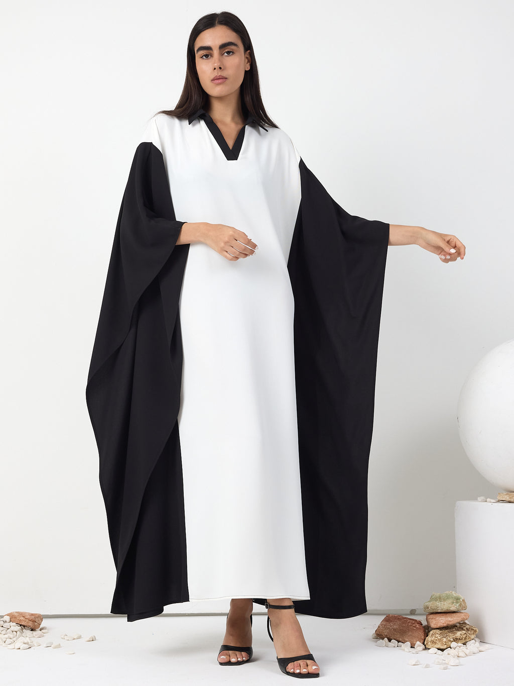 Monochrome Elegance Panel Kaftan Dress