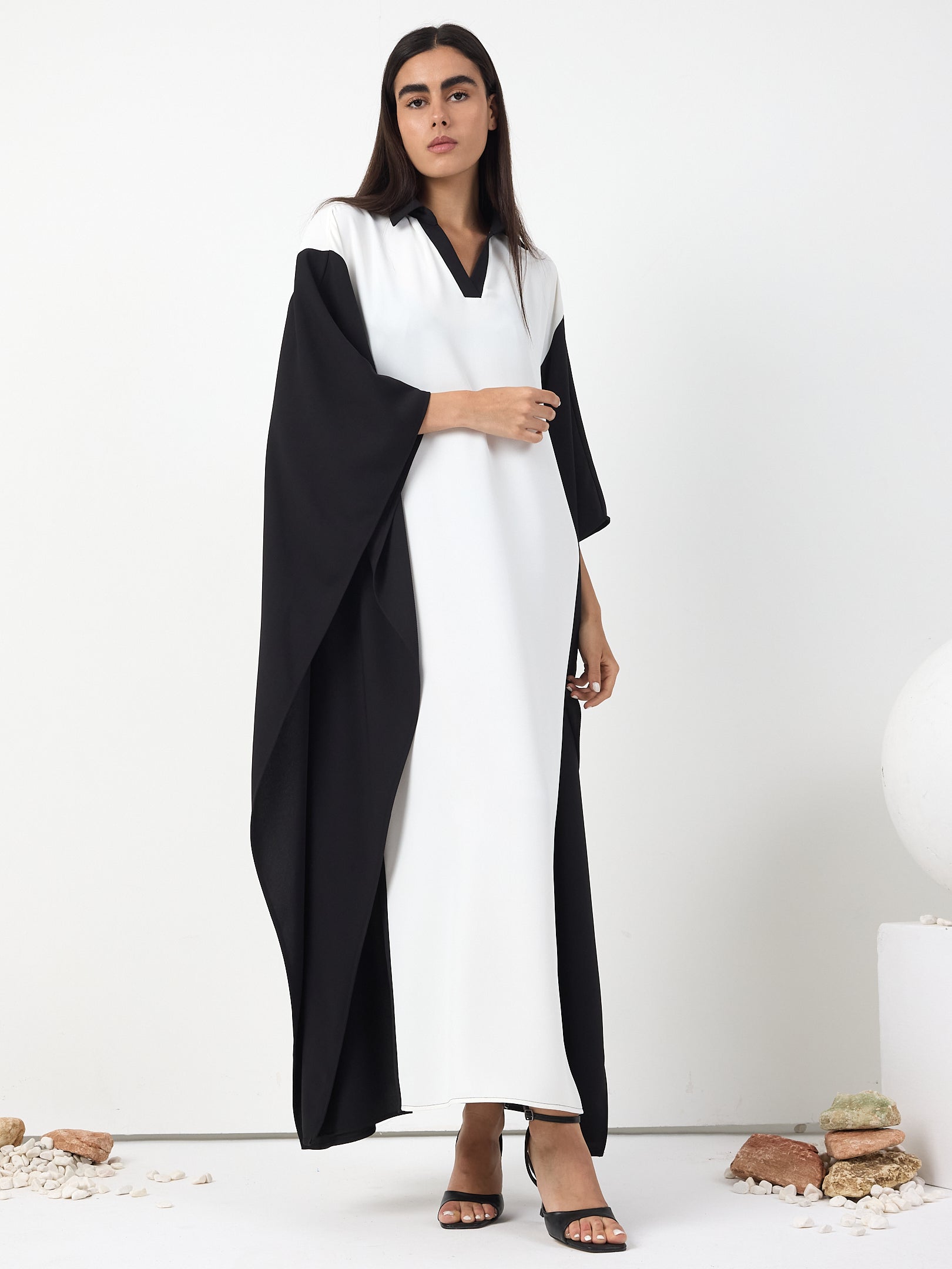 Monochrome Elegance Panel Kaftan Dress