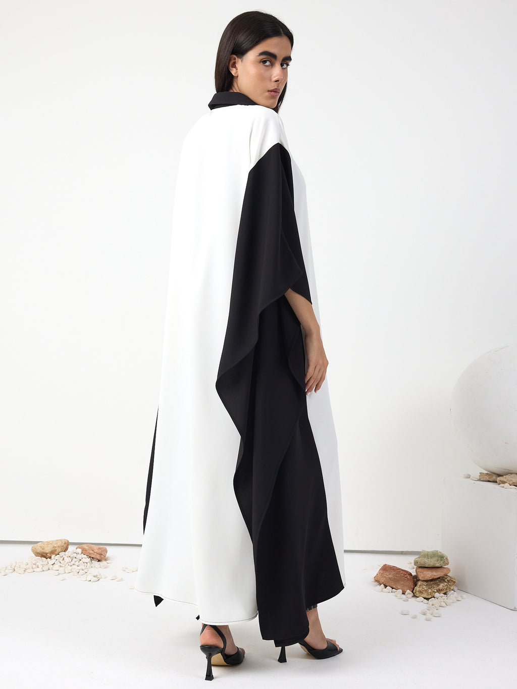 Monochrome Elegance Panel Kaftan Dress