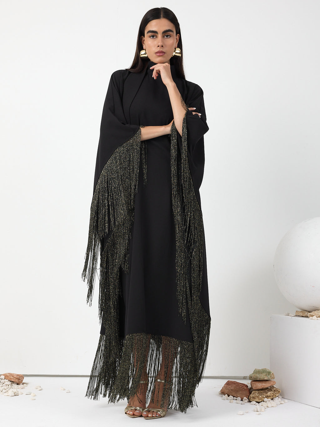 Black Gold Fringed Kaftan Dress With Tie Neck Detailed