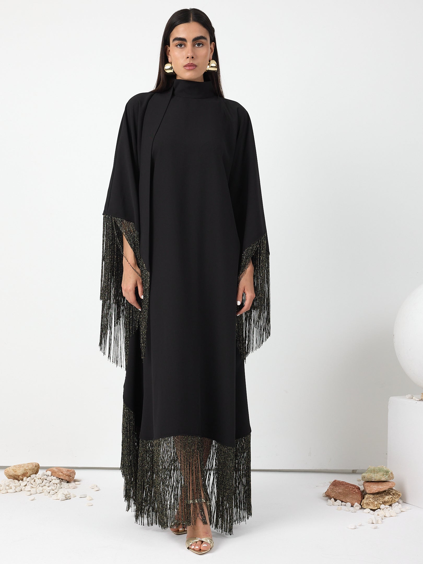 Black Gold Fringed Kaftan Dress With Tie Neck Detailed