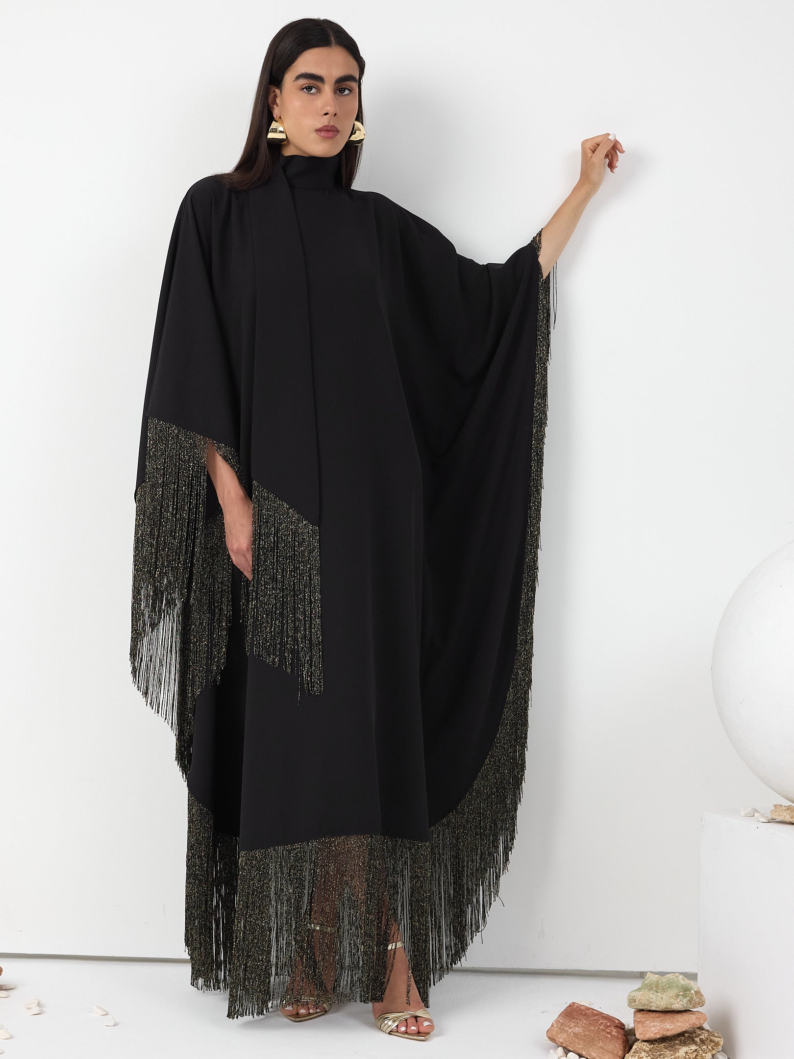 Black Gold Fringed Kaftan Dress With Tie Neck Detailed