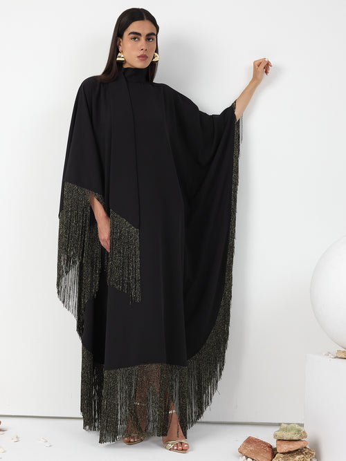 Black Gold Fringed Kaftan Dress With Tie Neck Detailed - Store WF