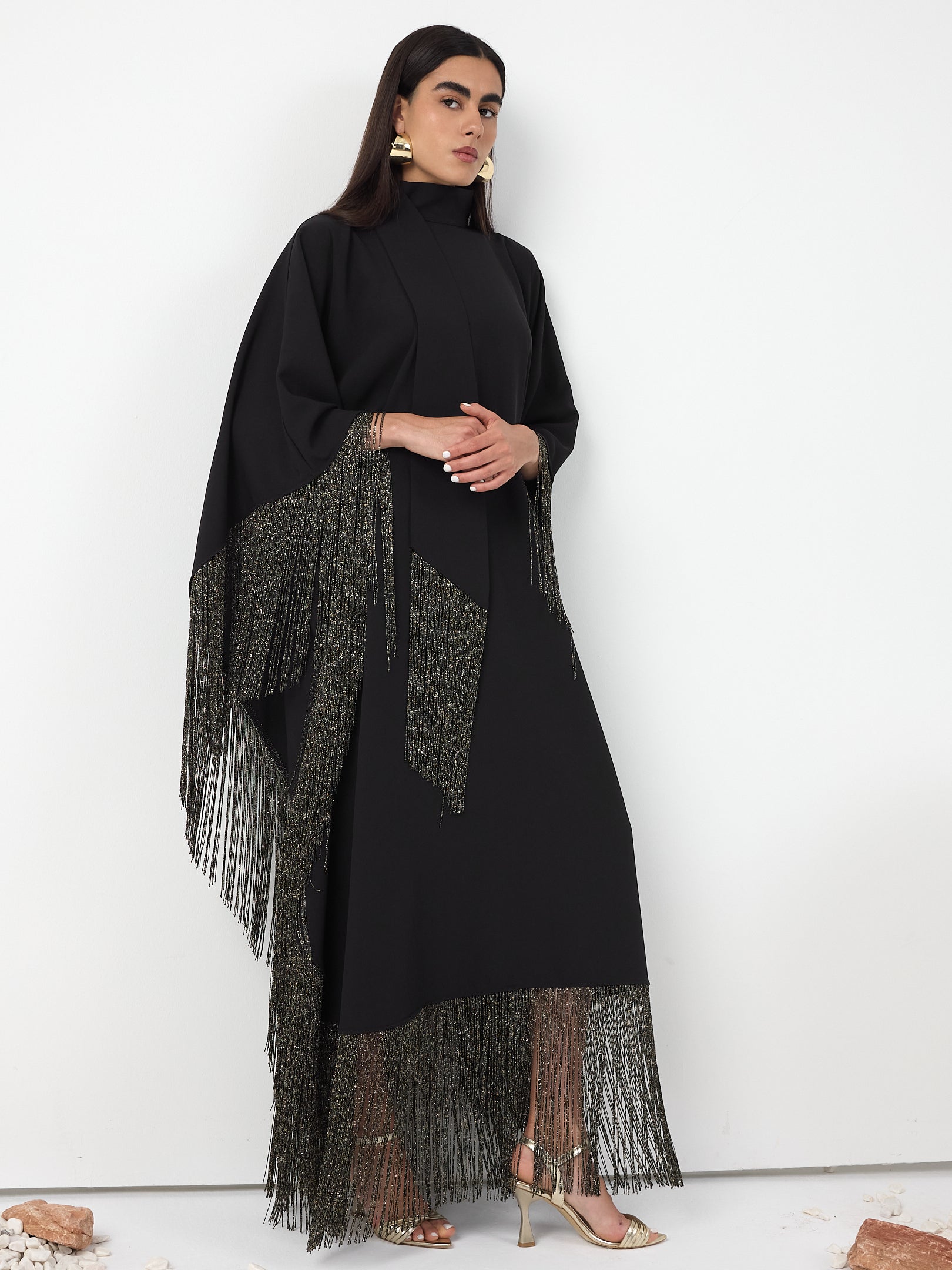 Black Gold Fringed Kaftan Dress With Tie Neck Detailed