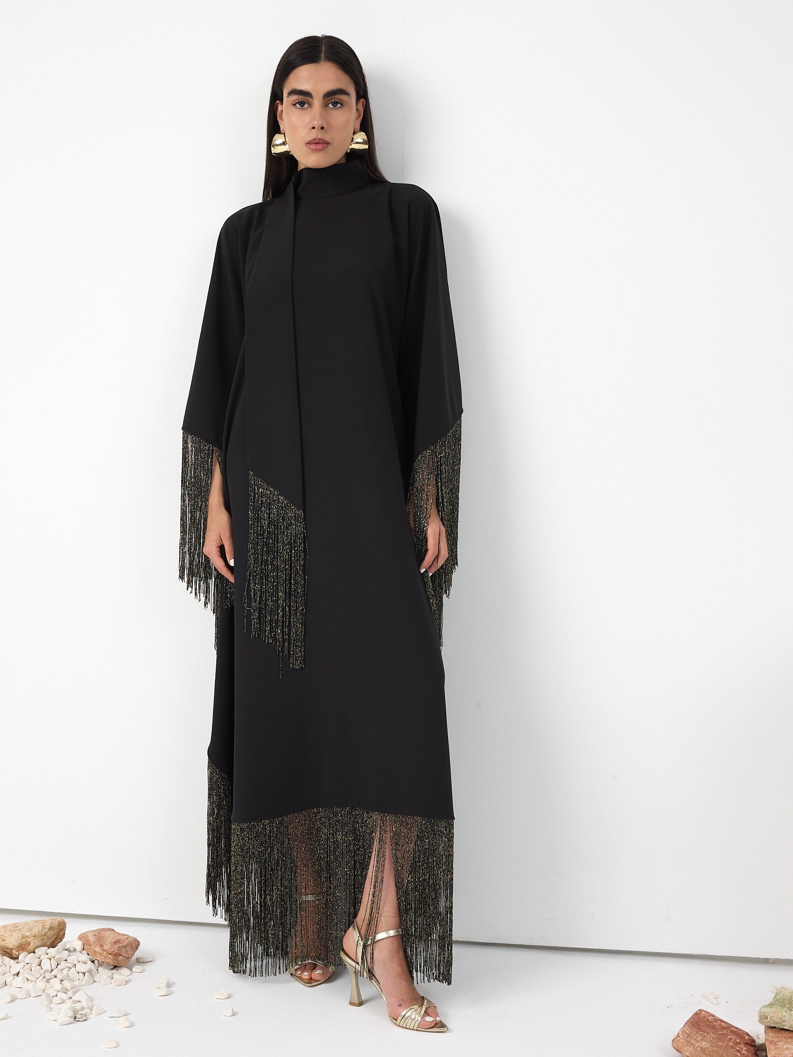 Black Gold Fringed Kaftan Dress With Tie Neck Detailed - Store WF