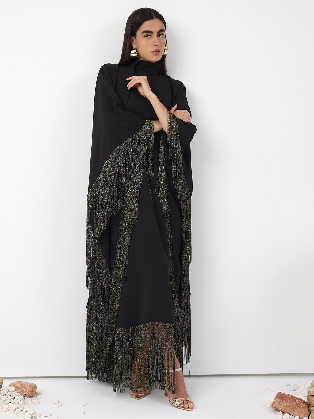 Black Gold Fringed Kaftan Dress With Tie Neck Detailed