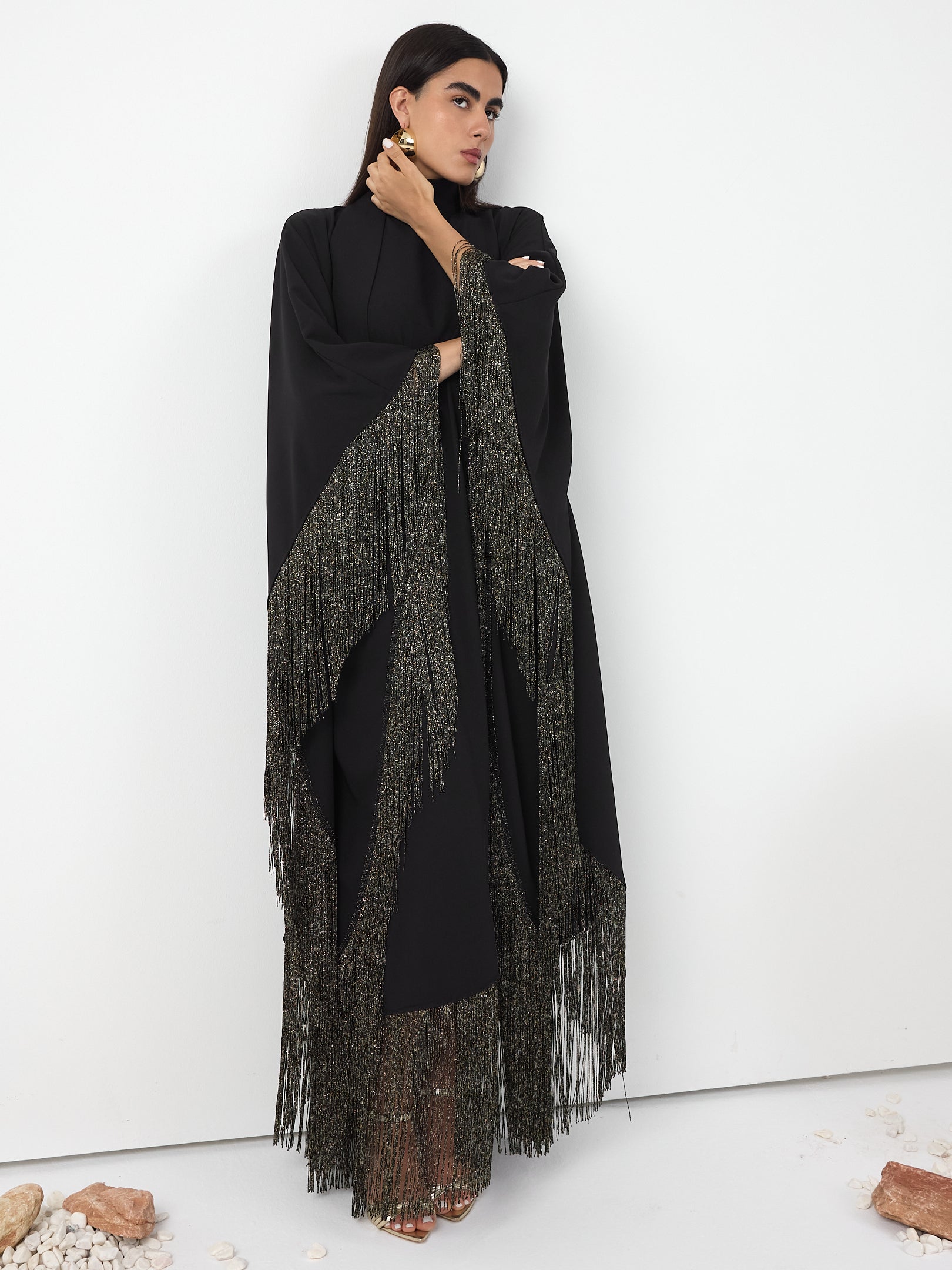 Black Gold Fringed Kaftan Dress With Tie Neck Detailed