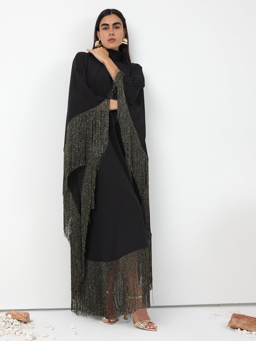 Black Gold Fringed Kaftan Dress With Tie Neck Detailed