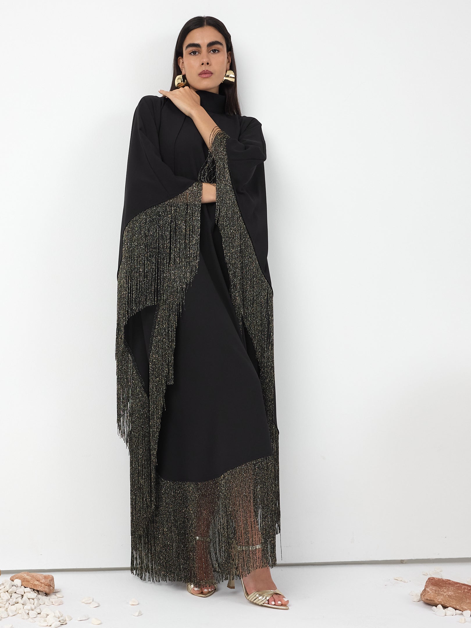 Black Gold Fringed Kaftan Dress With Tie Neck Detailed