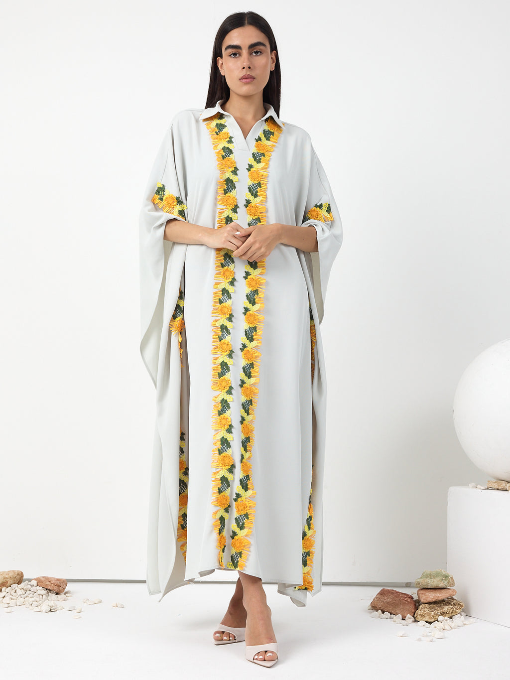Yellow Lace Stripe Kaftan Dress