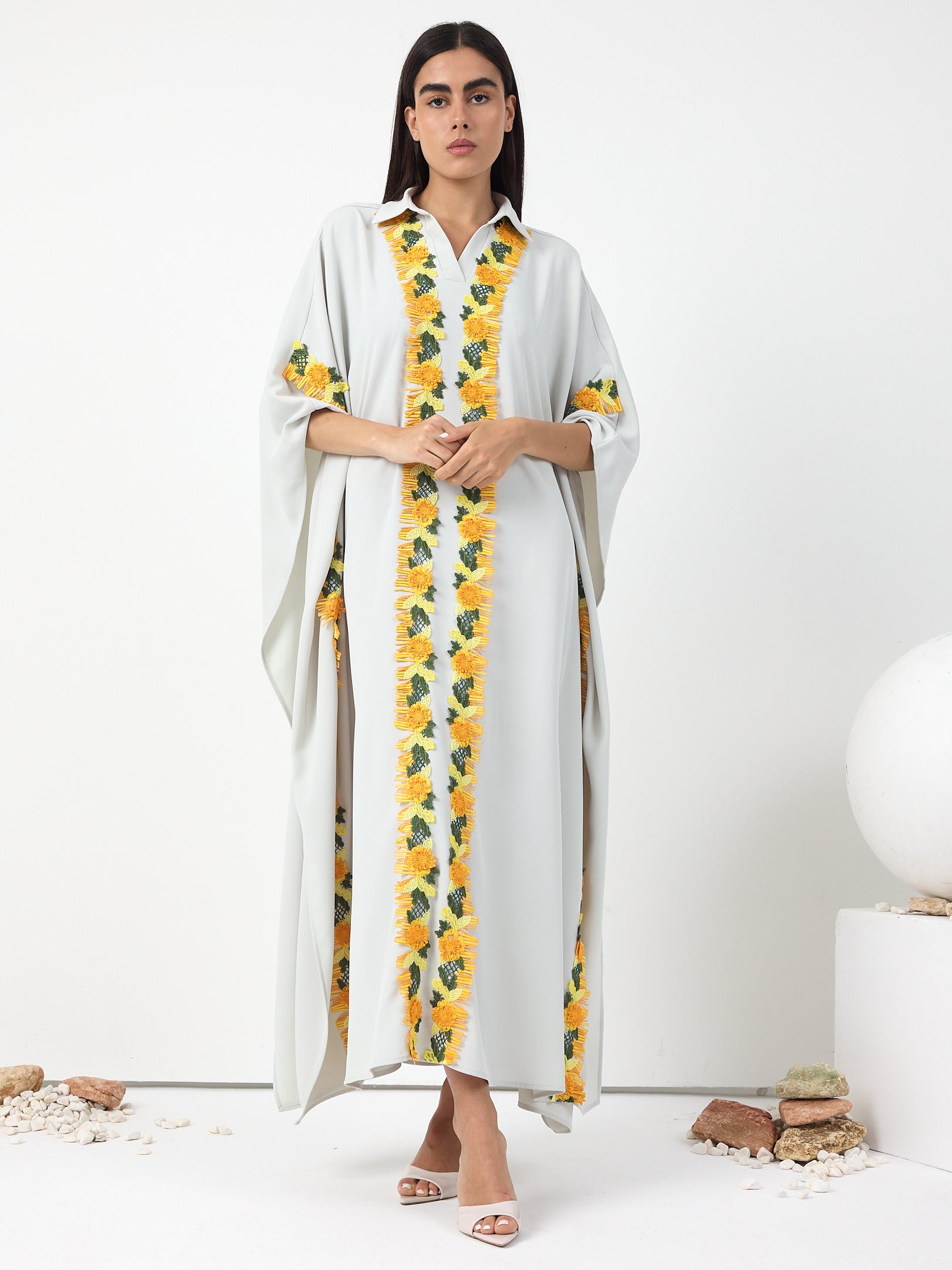 Yellow Lace Stripe Kaftan Dress