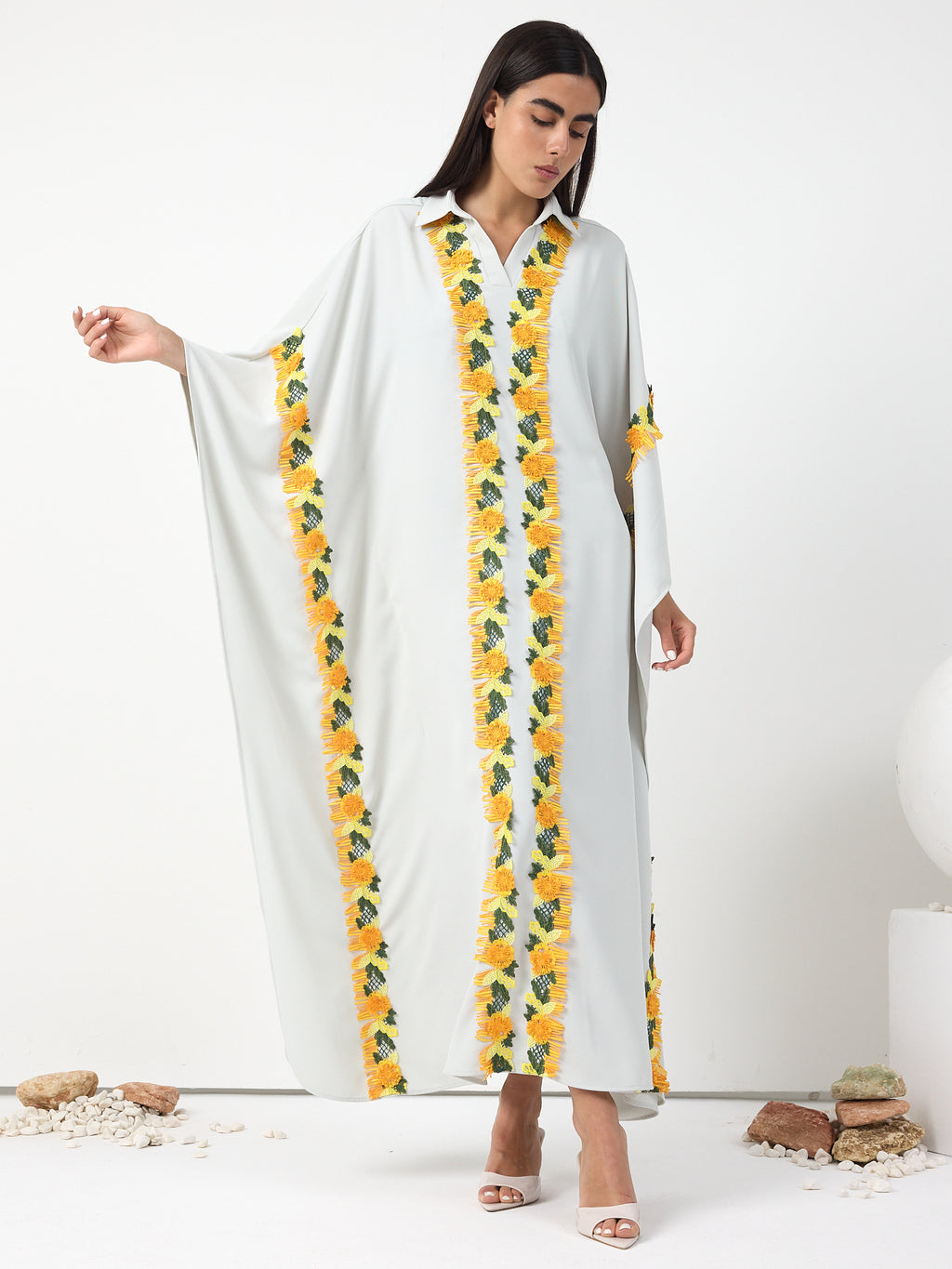 Yellow Lace Stripe Kaftan Dress