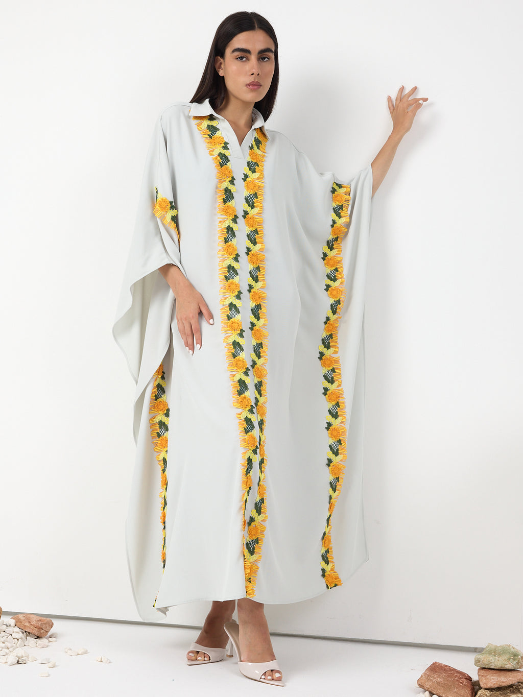 Yellow Lace Stripe Kaftan Dress
