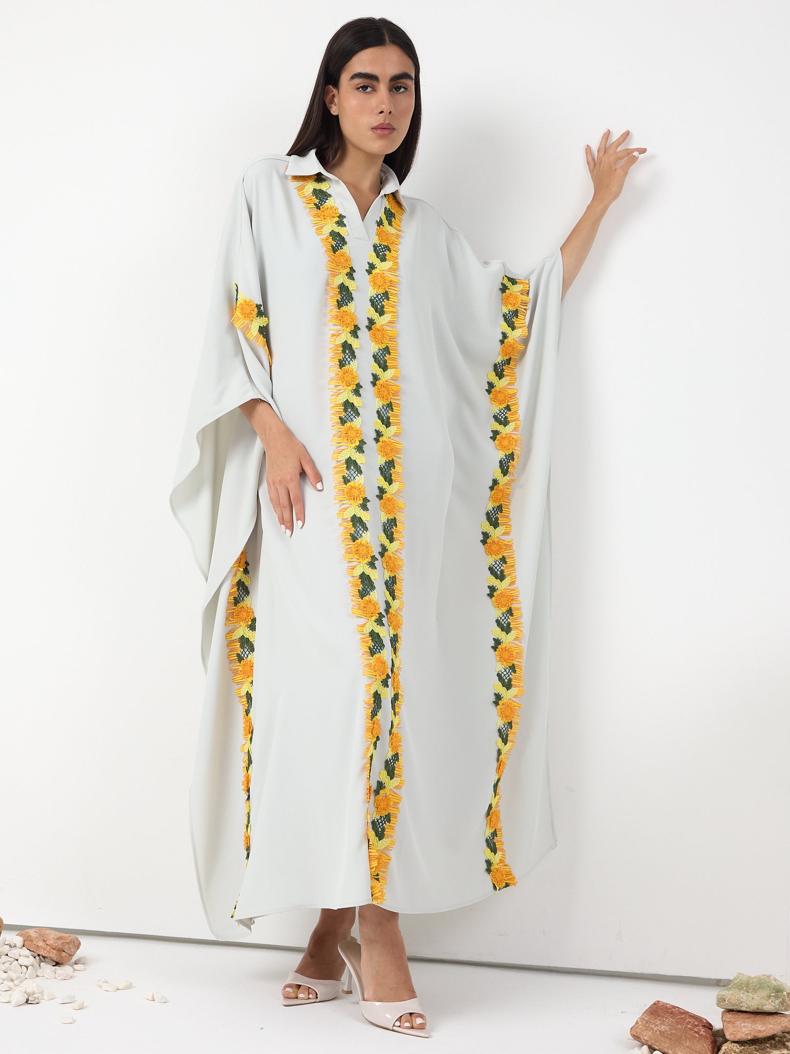 Yellow Lace Stripe Kaftan Dress - Store WF