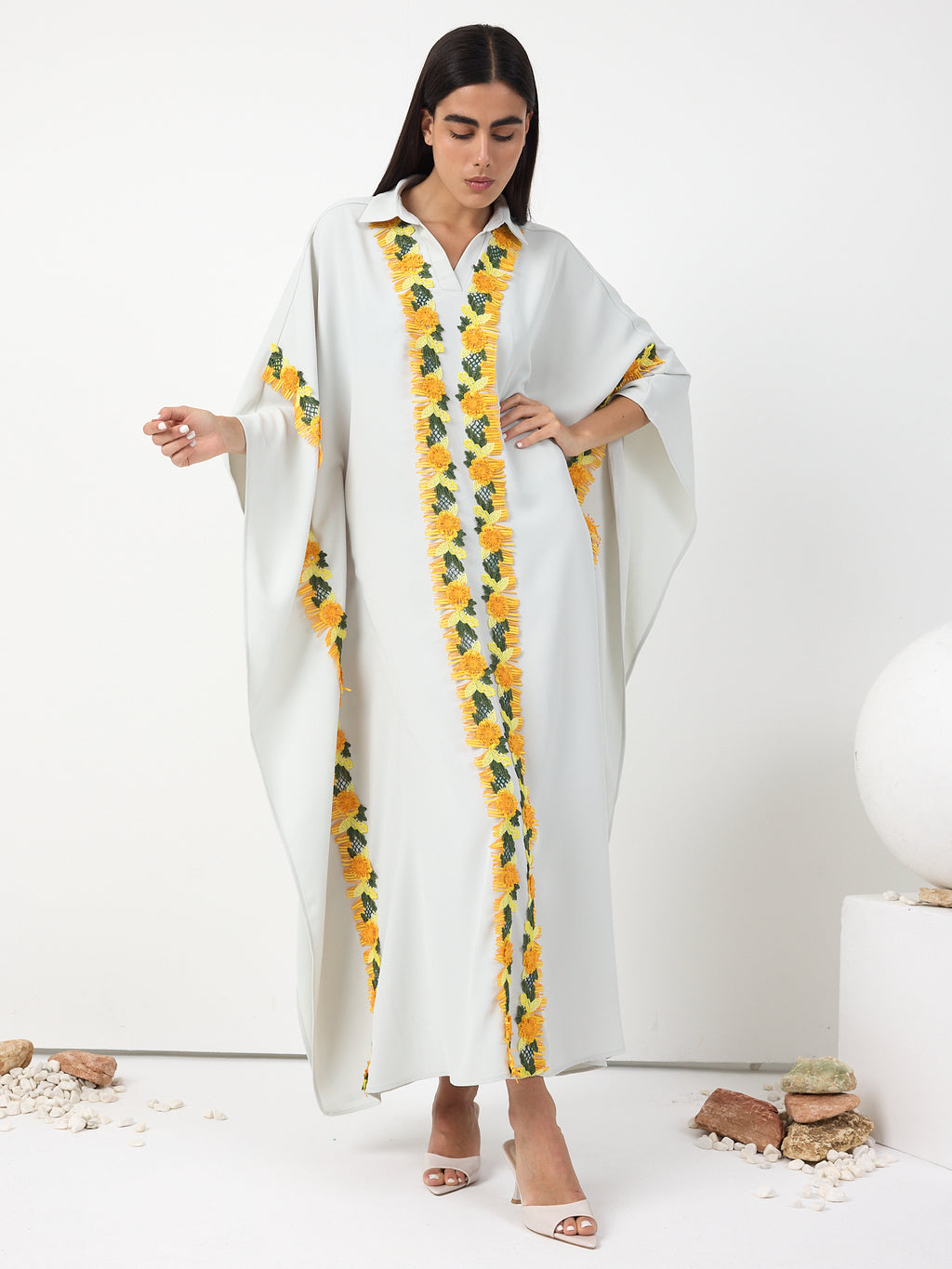 Yellow Lace Stripe Kaftan Dress