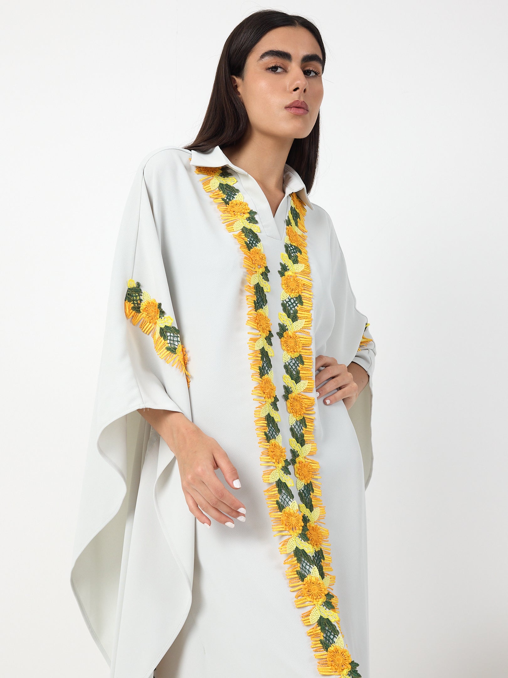 Yellow Lace Stripe Kaftan Dress
