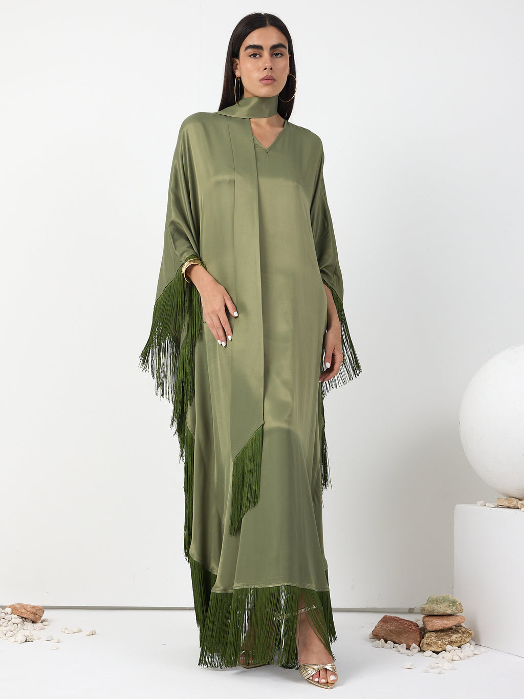 Green Fringed V Neck Kaftan Dress With Tie Neck Detailed